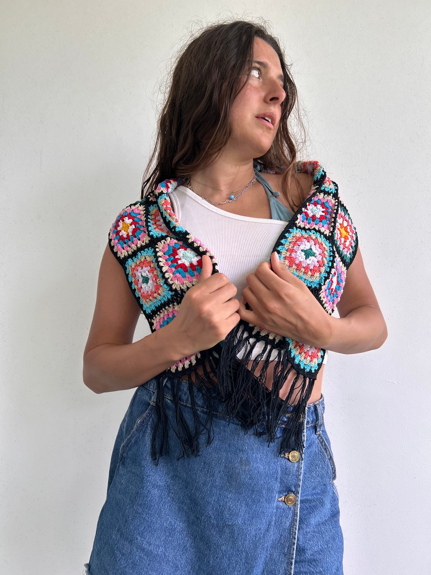 Granny Square crochet mini scarf with tassels