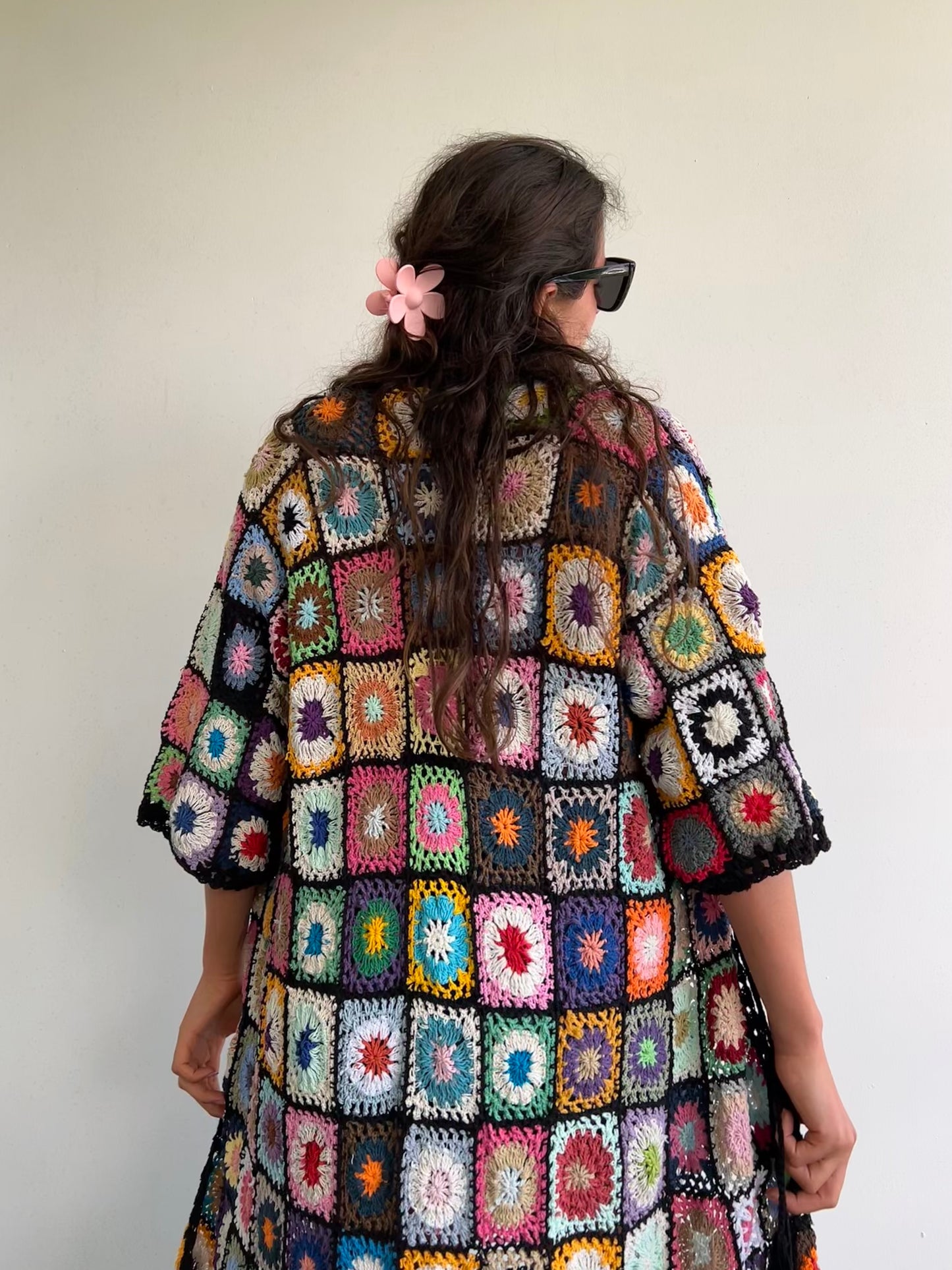 Black granny square maxi crochet cardigan