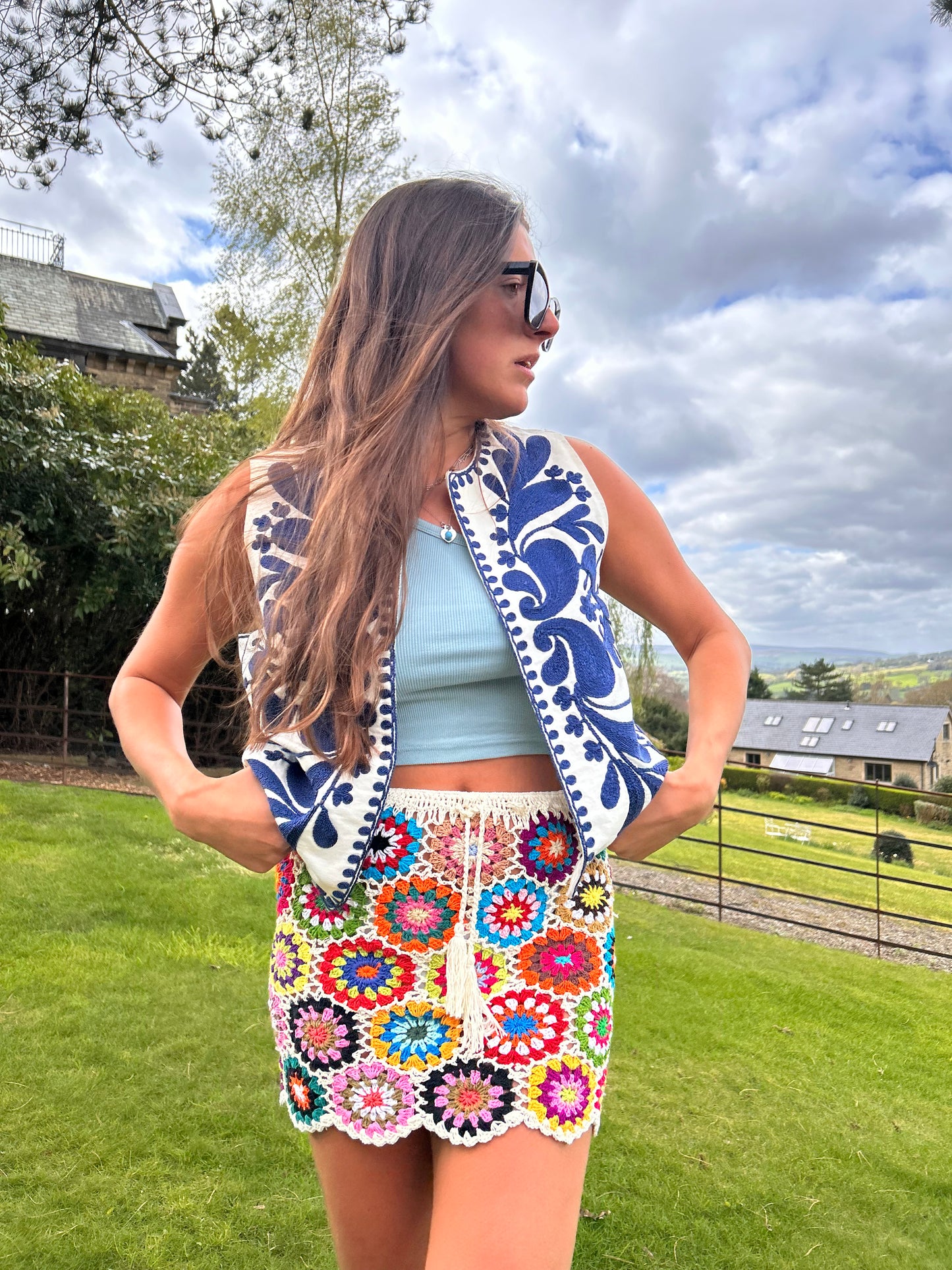 Mini Meadow White Floral Crochet Skirt