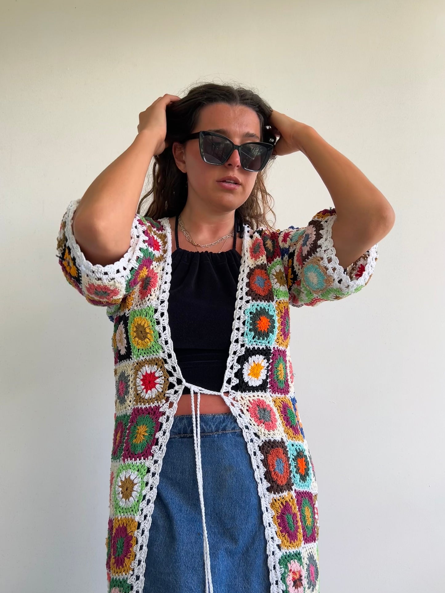 White granny square maxi crochet cardigan