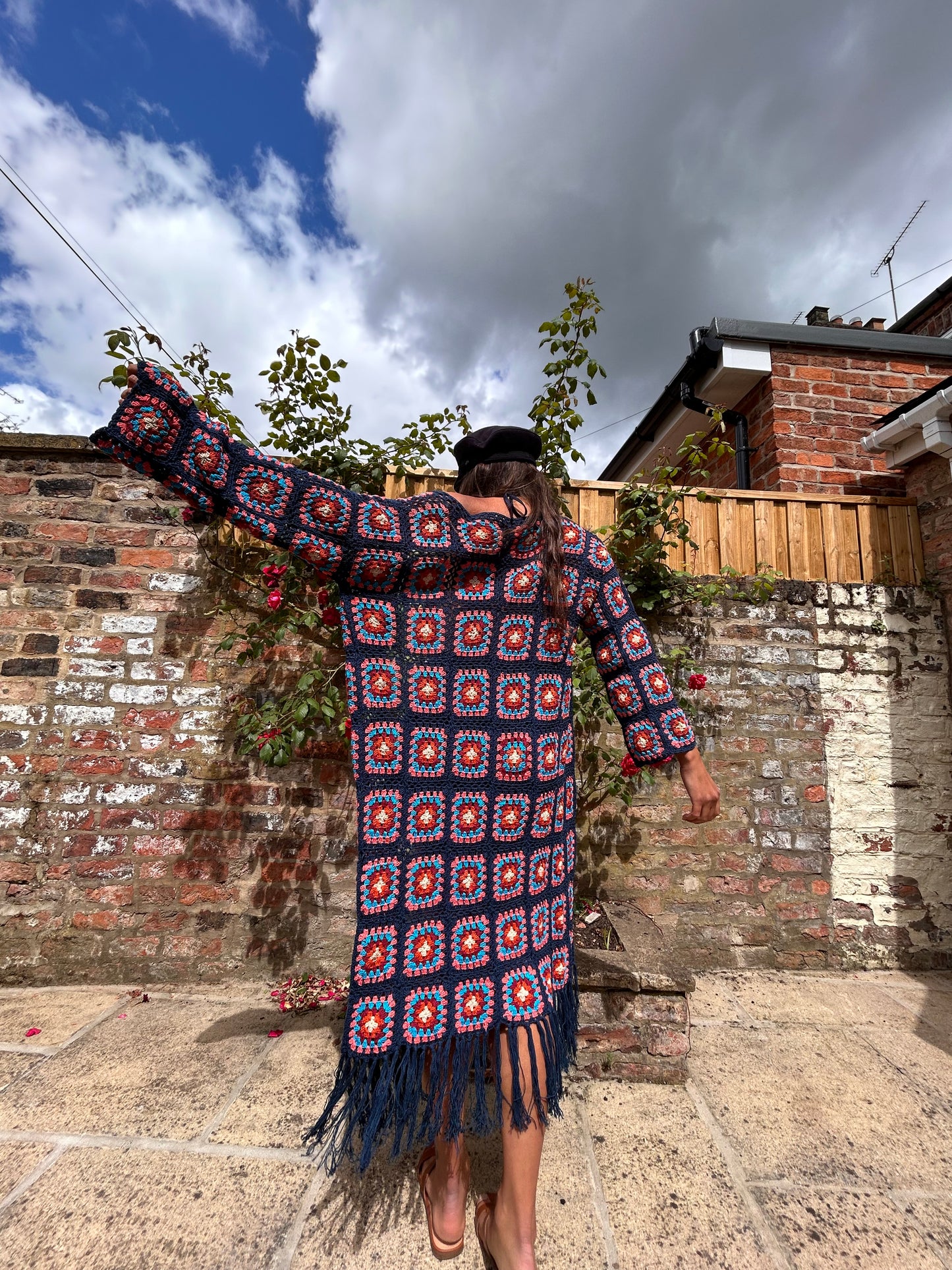 “Down by the beach” Granny square maxi crochet cardigan with tassels