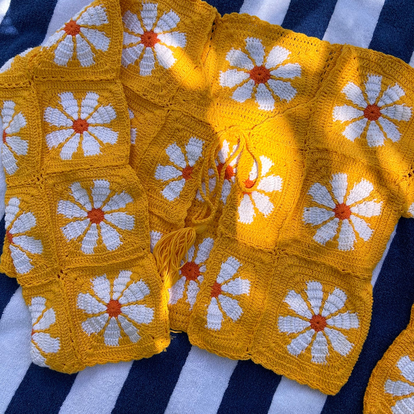 Flower Power 70’s inspired crochet cardigan with tassel tie