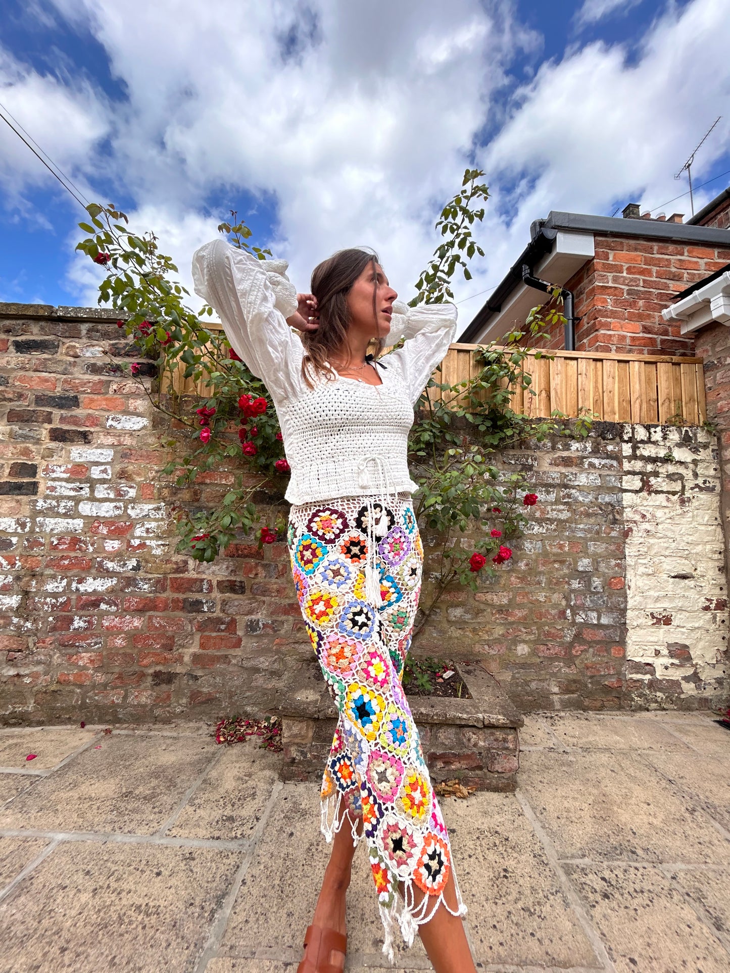 White Granny square flare pom pom trousers with drawstring waist