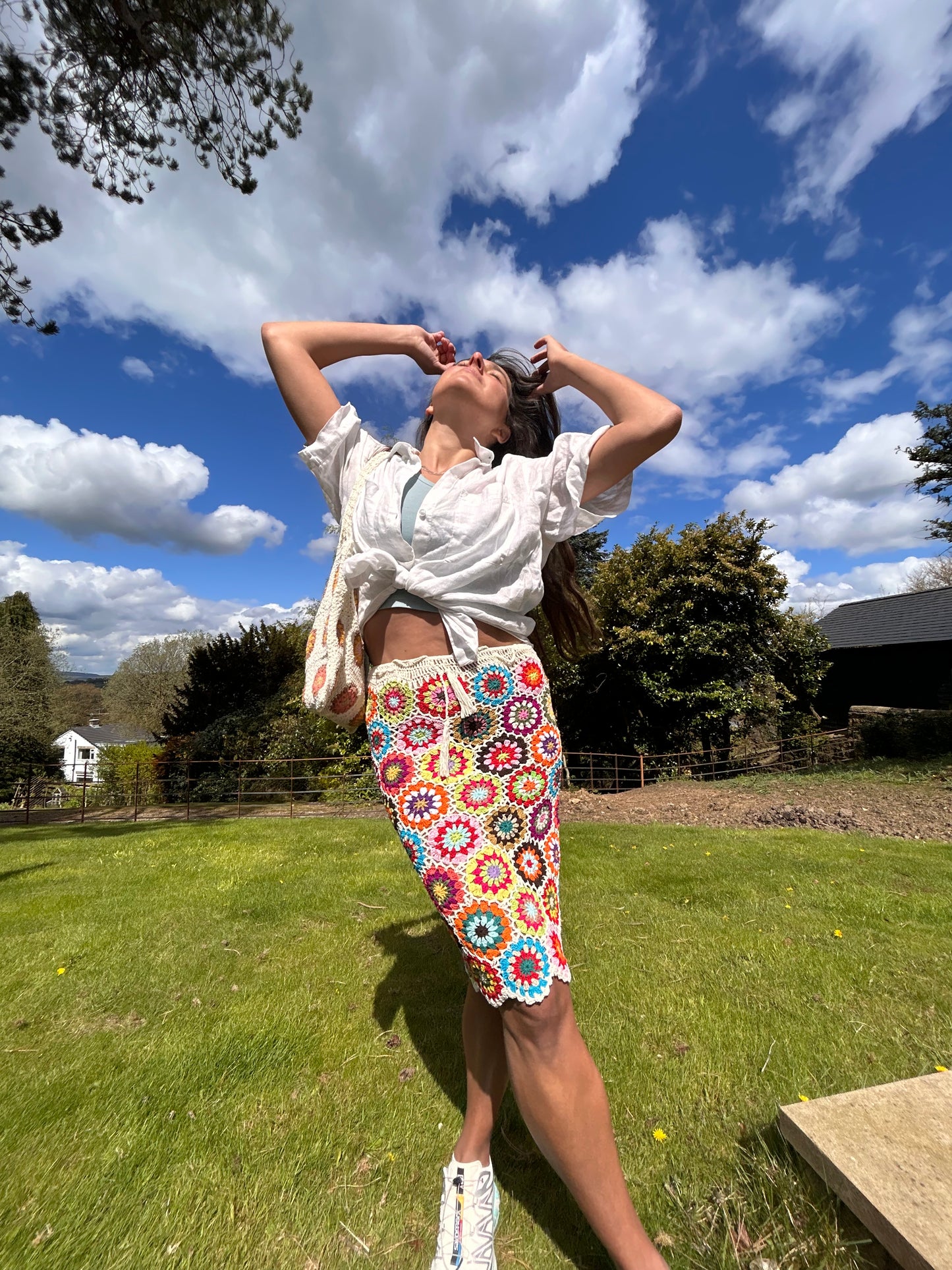 Meadow White Floral Crochet Skirt