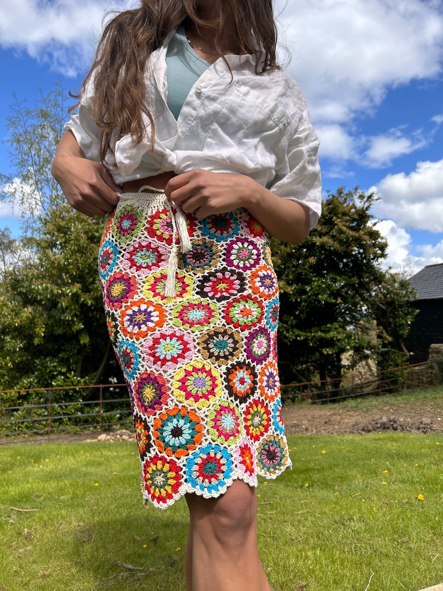 Meadow White Floral Crochet Skirt