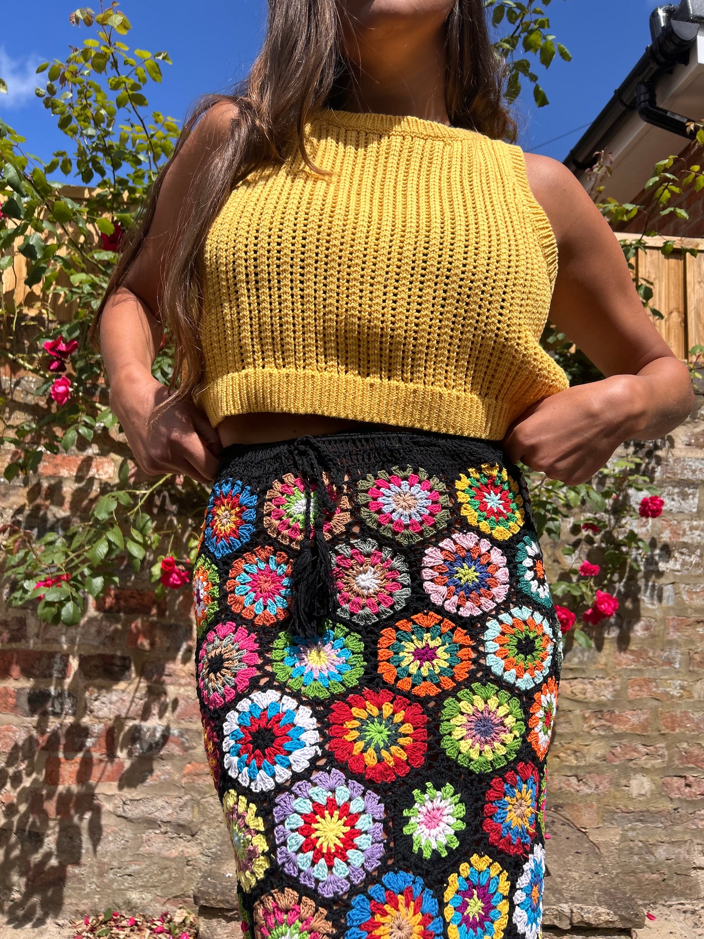 Midi Meadow in Black Floral Crochet Skirt