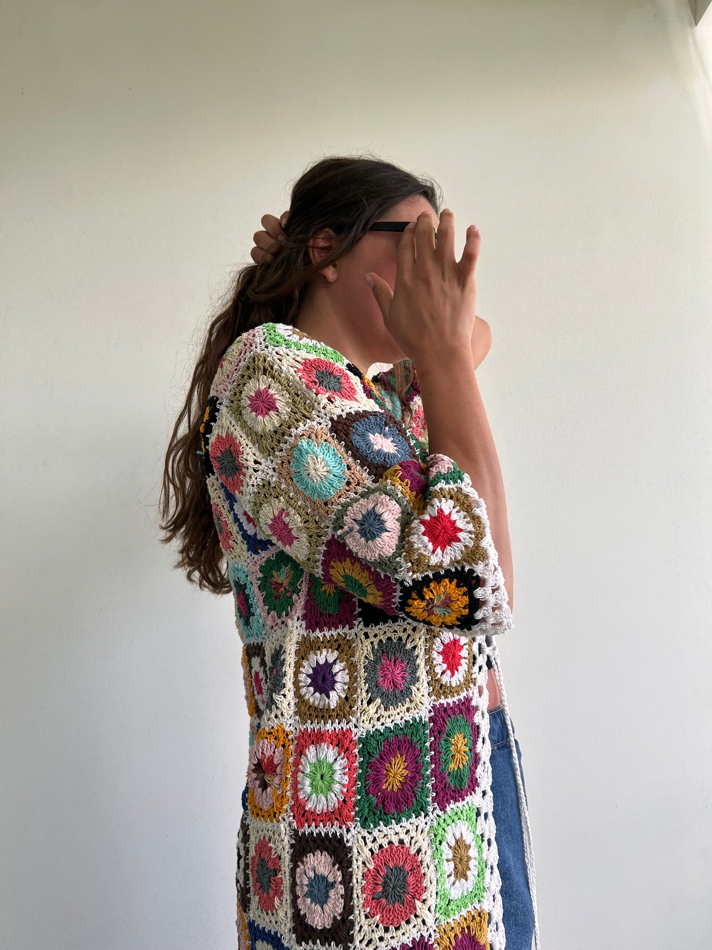 White granny square maxi crochet cardigan