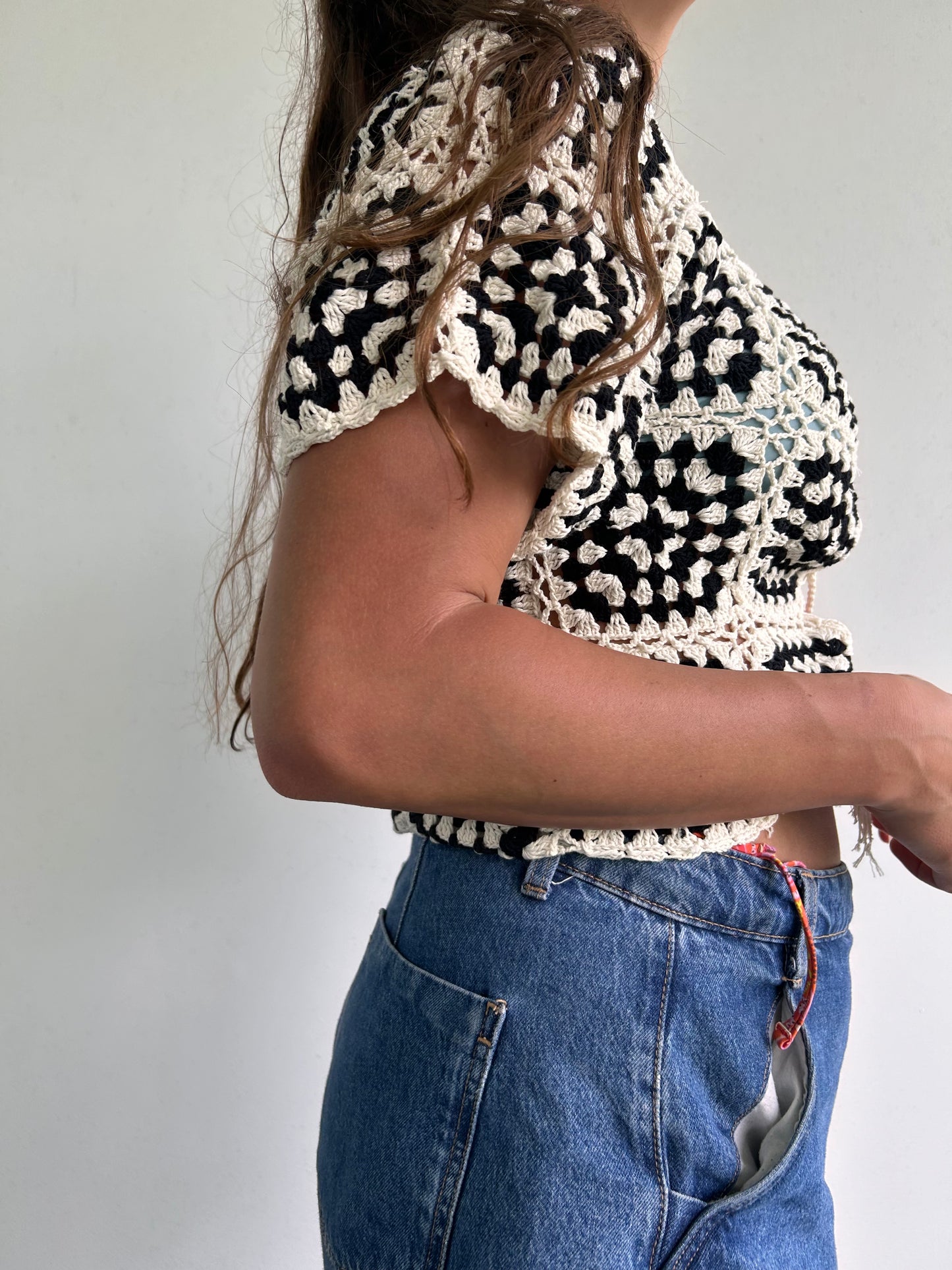 B&W granny square corset top / cardigan vest