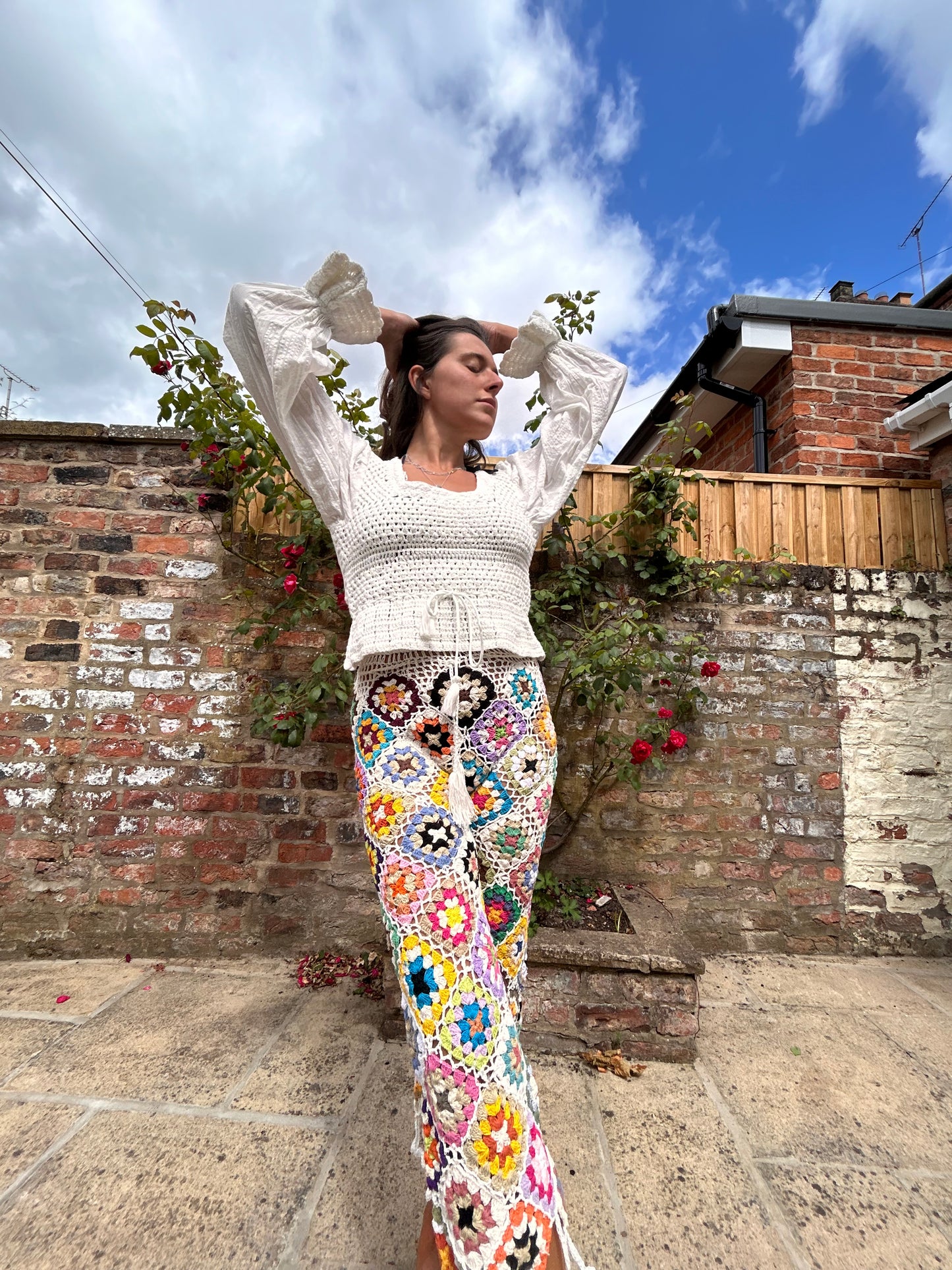 White Granny square flare pom pom trousers with drawstring waist