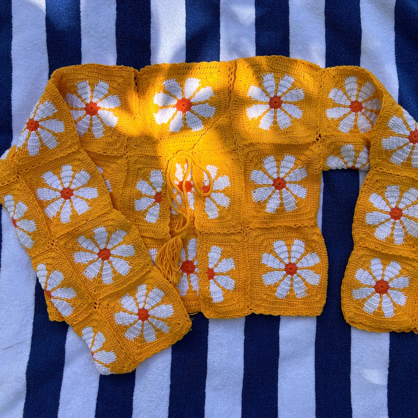 Flower Power 70’s inspired crochet cardigan with tassel tie