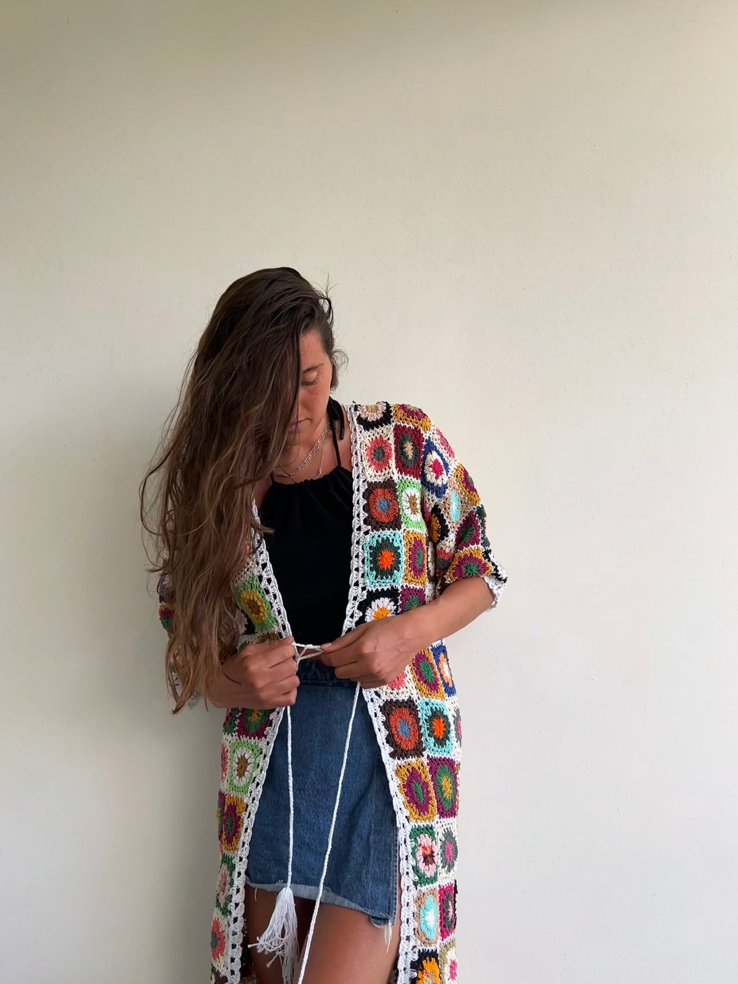 White granny square maxi crochet cardigan