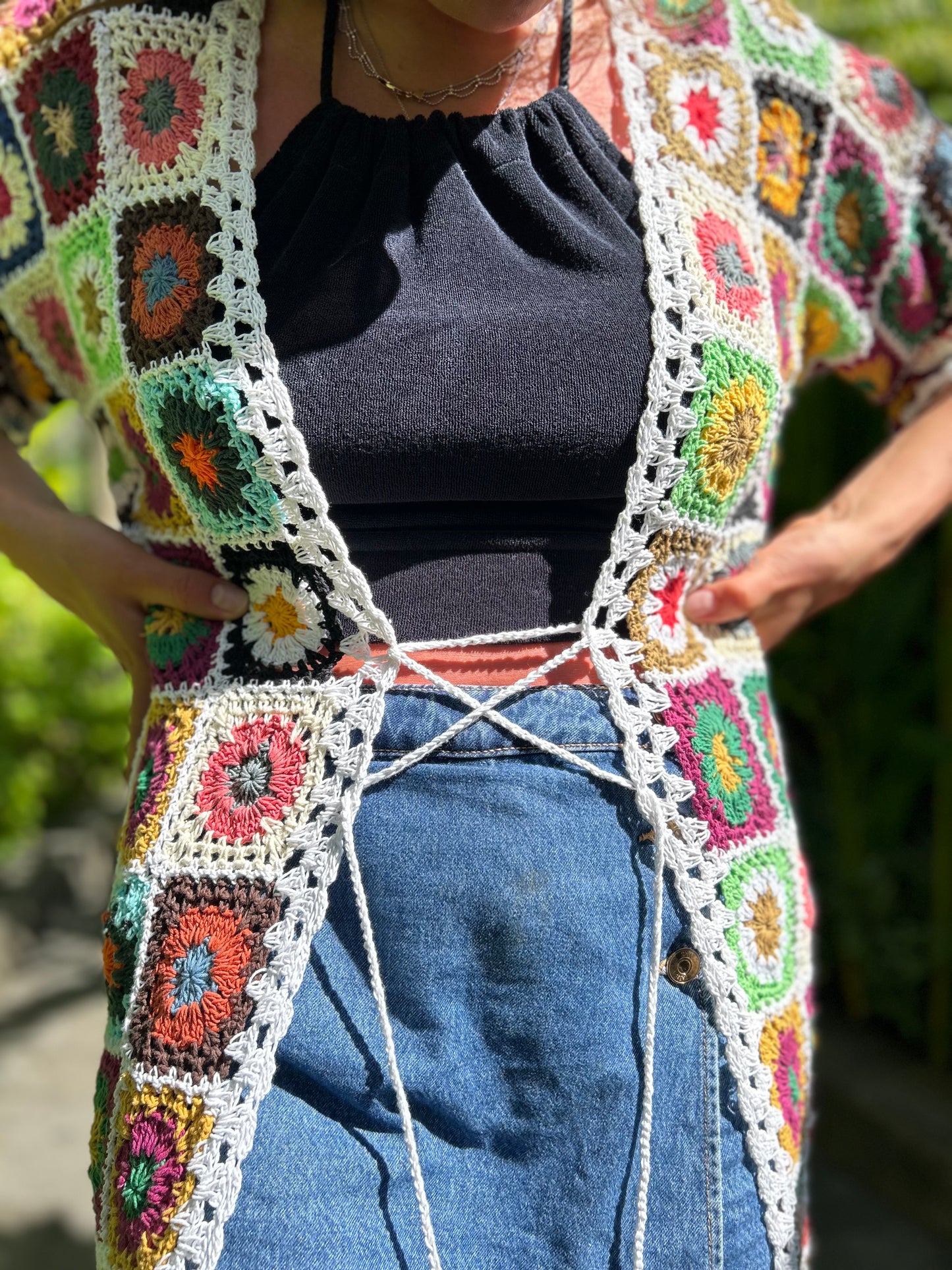 White granny square maxi crochet cardigan