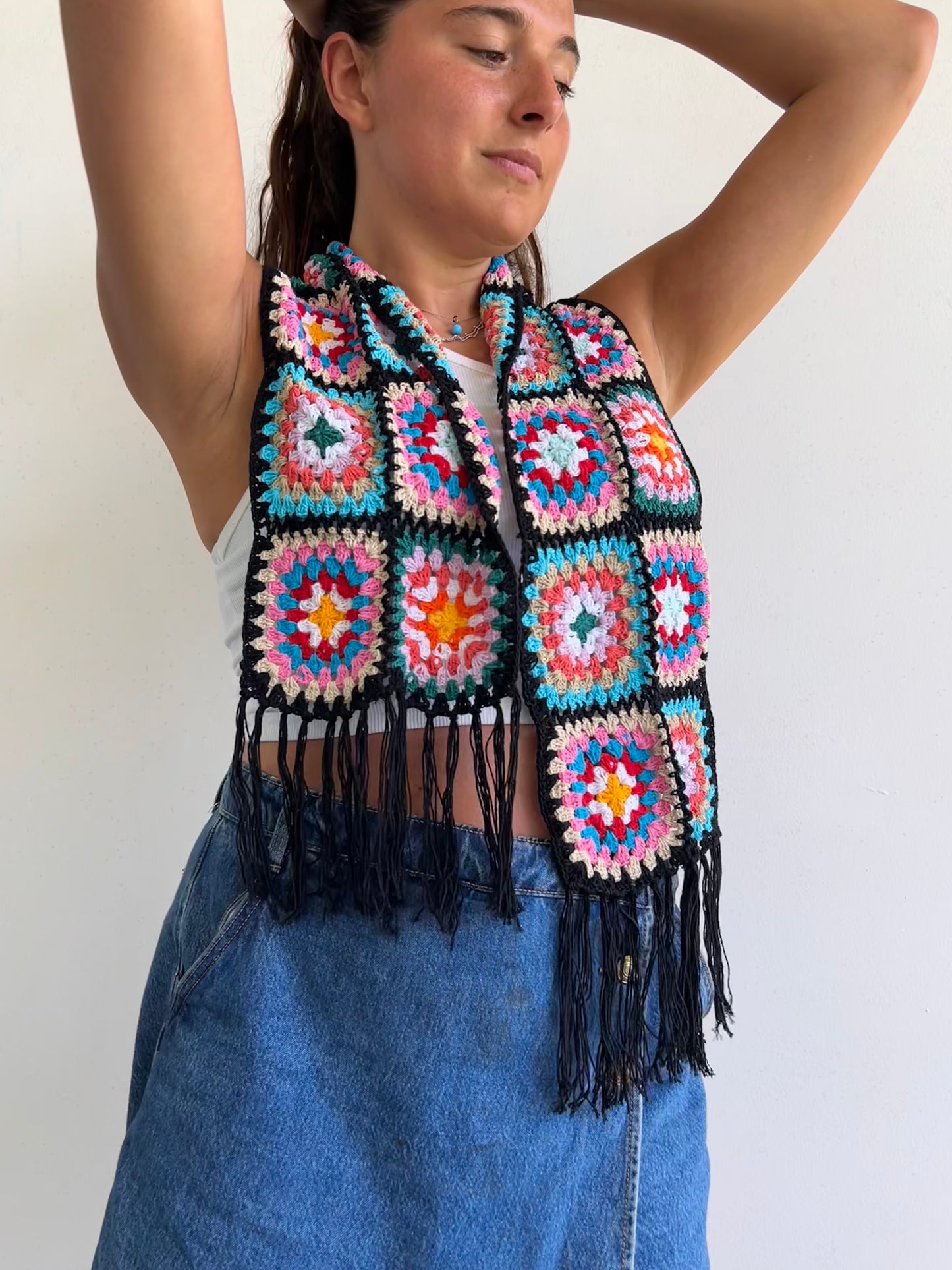 Granny Square crochet mini scarf with tassels
