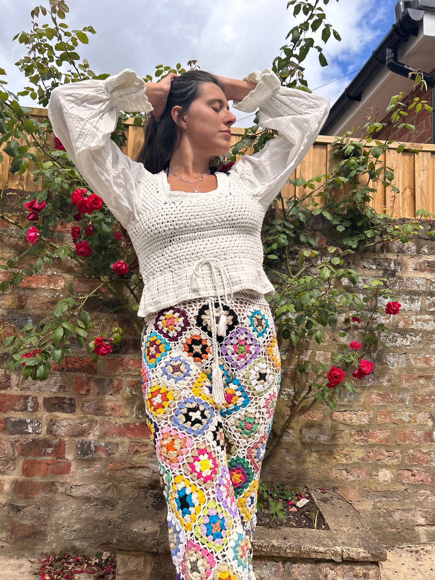 White Granny square flare pom pom trousers with drawstring waist