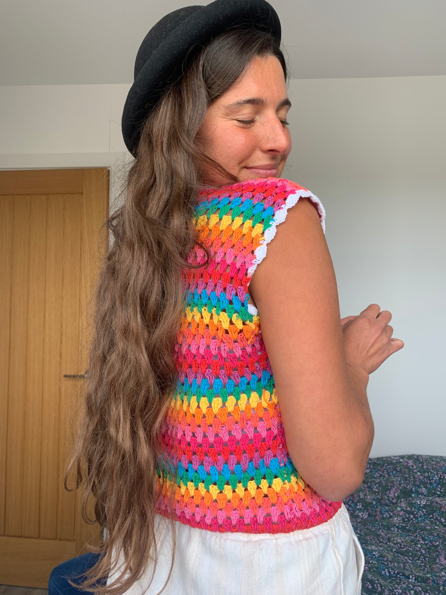 Rainbow Dreamer Crochet Vest with tassel tie