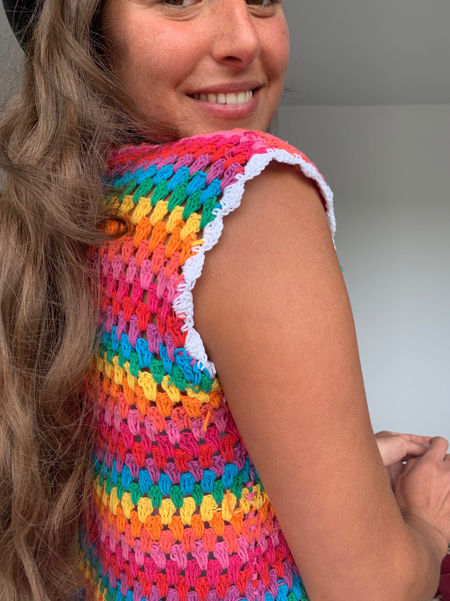 Rainbow Dreamer Crochet Vest with tassel tie