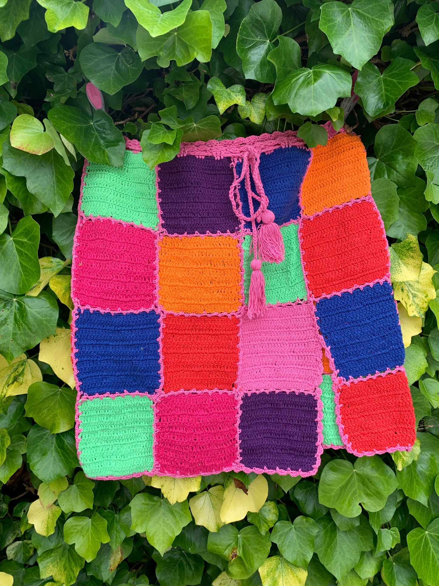 Multicoloured Checkerboard Crochet Skirt with Split
