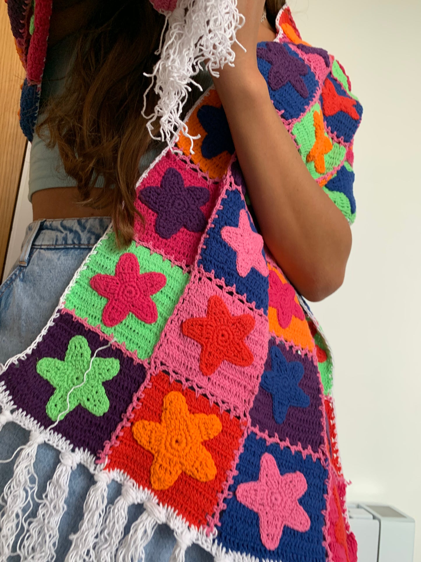 Reversible Stardust & Checkerboard multicoloured scarf with tassels