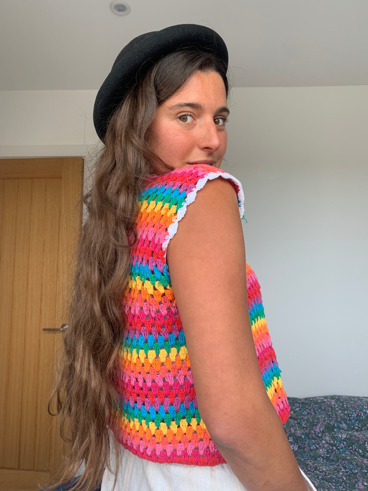 Rainbow Dreamer Crochet Vest with tassel tie