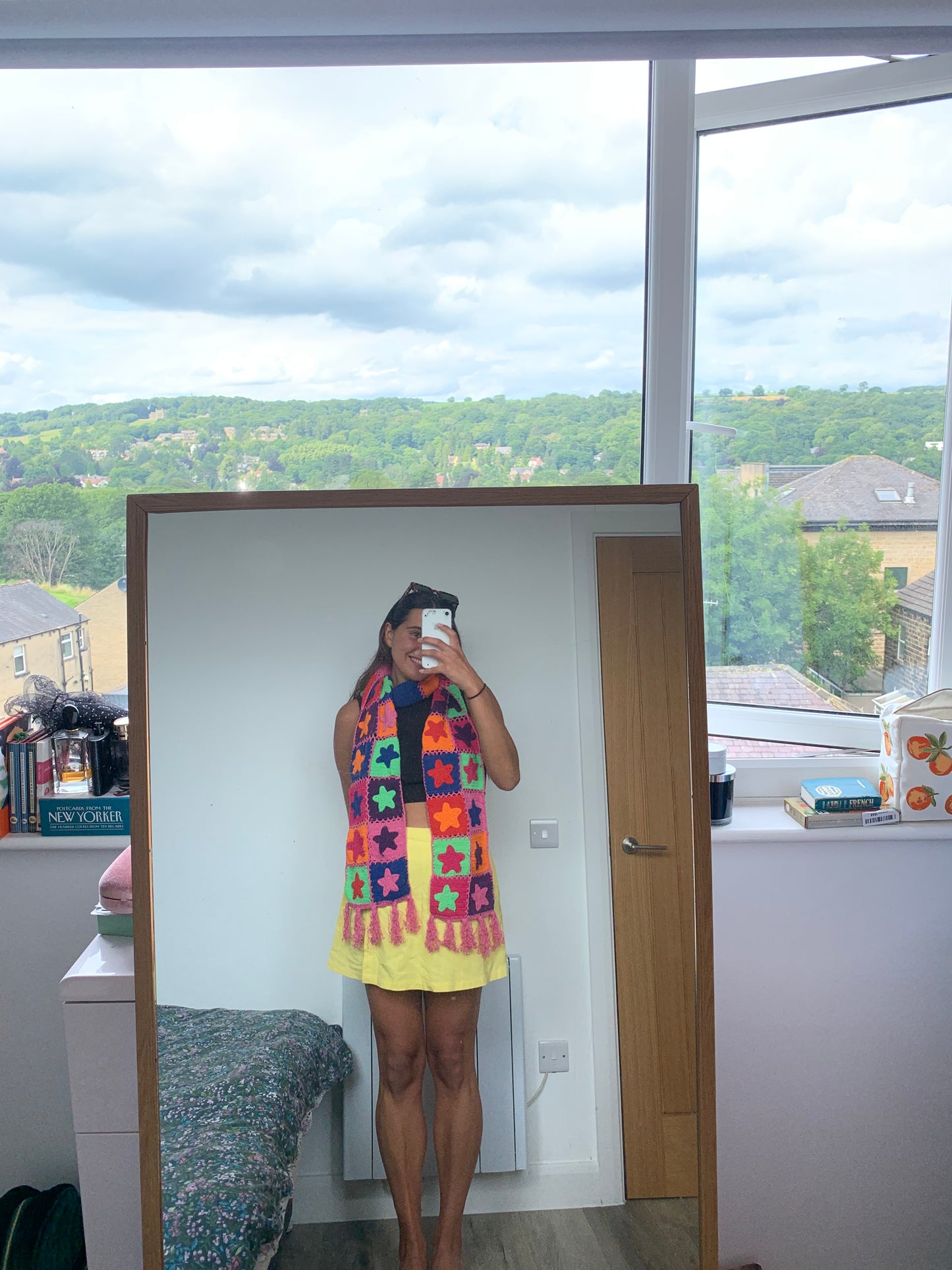 SAMPLE Reversible Stardust & Checkerboard multicoloured scarf with tassels