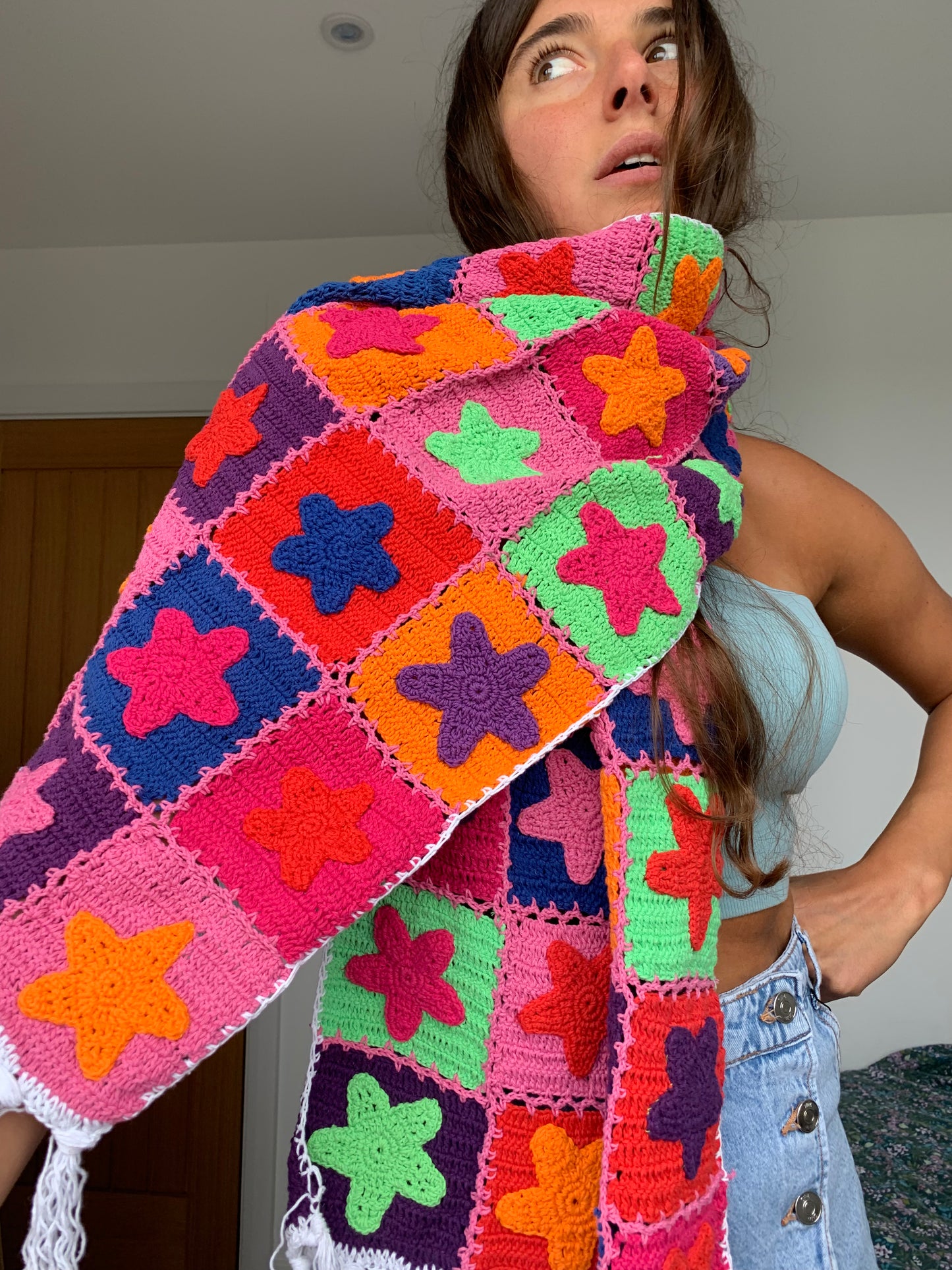 Reversible Stardust & Checkerboard multicoloured scarf with tassels