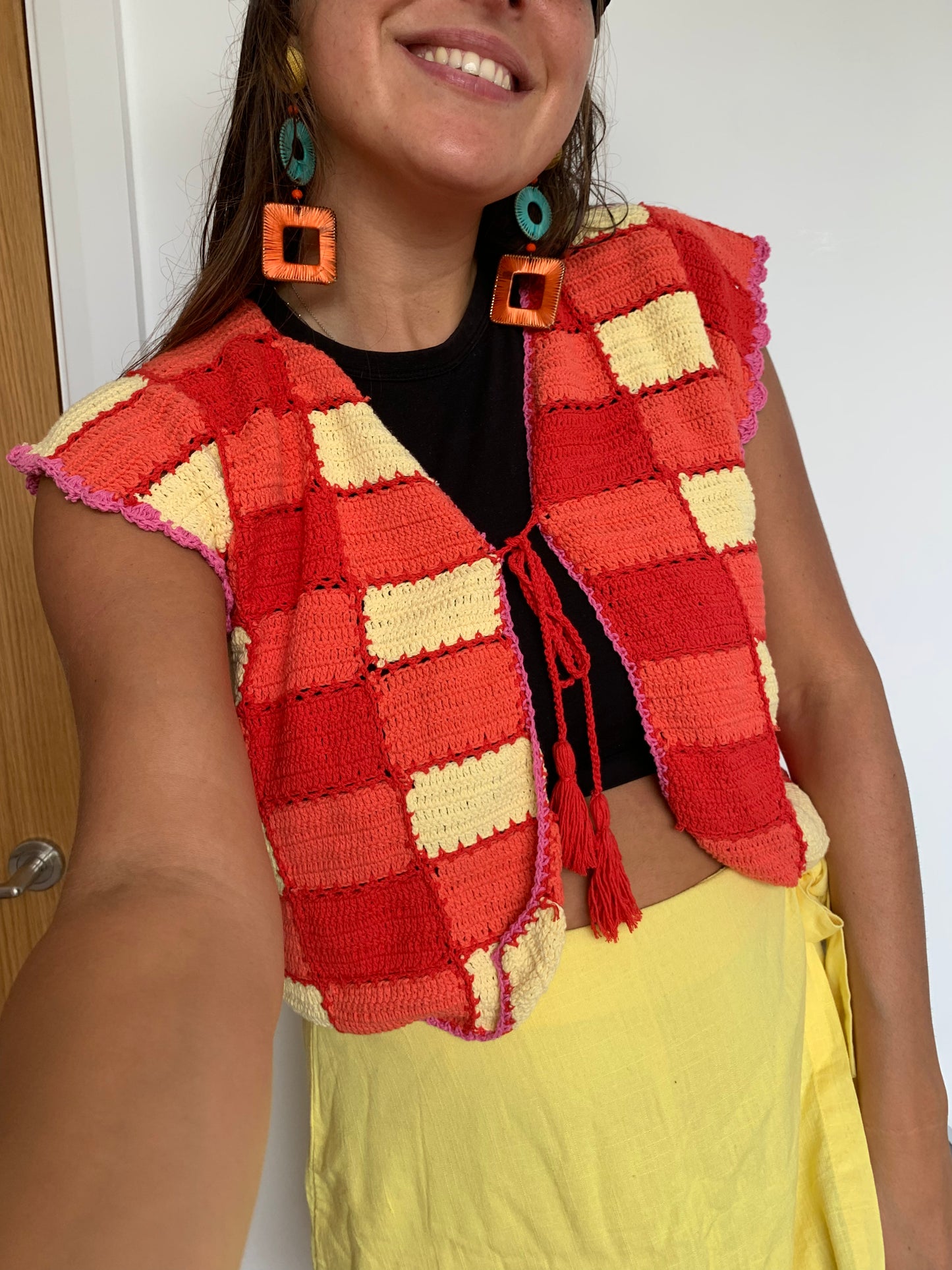 SAMPLE Gingham & Pink Scalloped Edge Vest with Tassel Tie