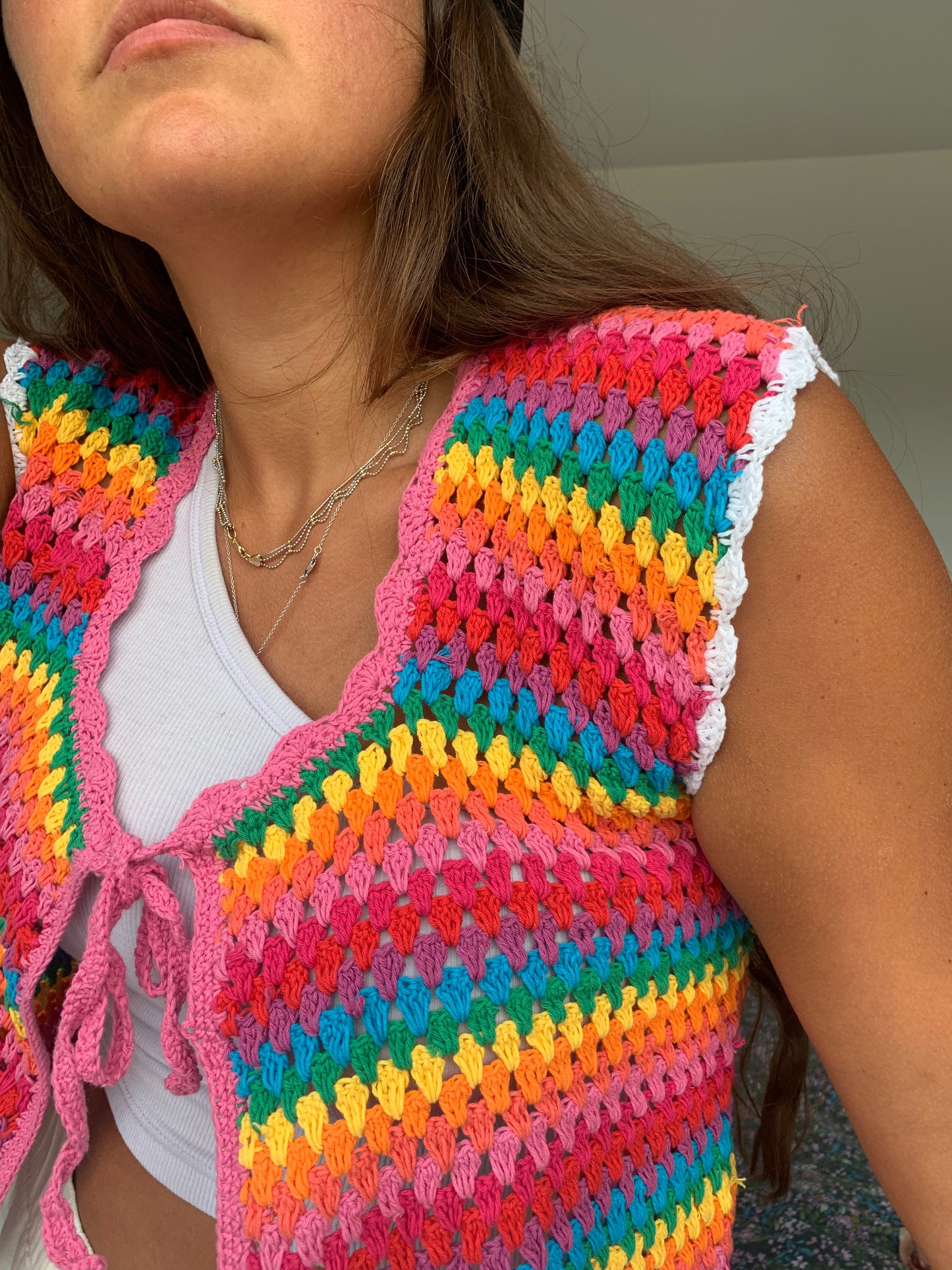 Rainbow Dreamer Crochet Vest with tassel tie