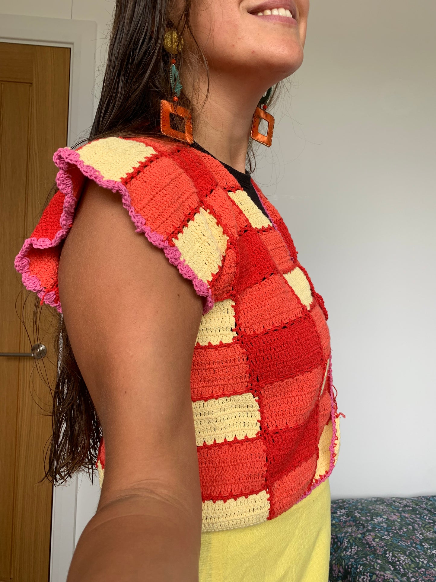 SAMPLE Gingham & Pink Scalloped Edge Vest with Tassel Tie