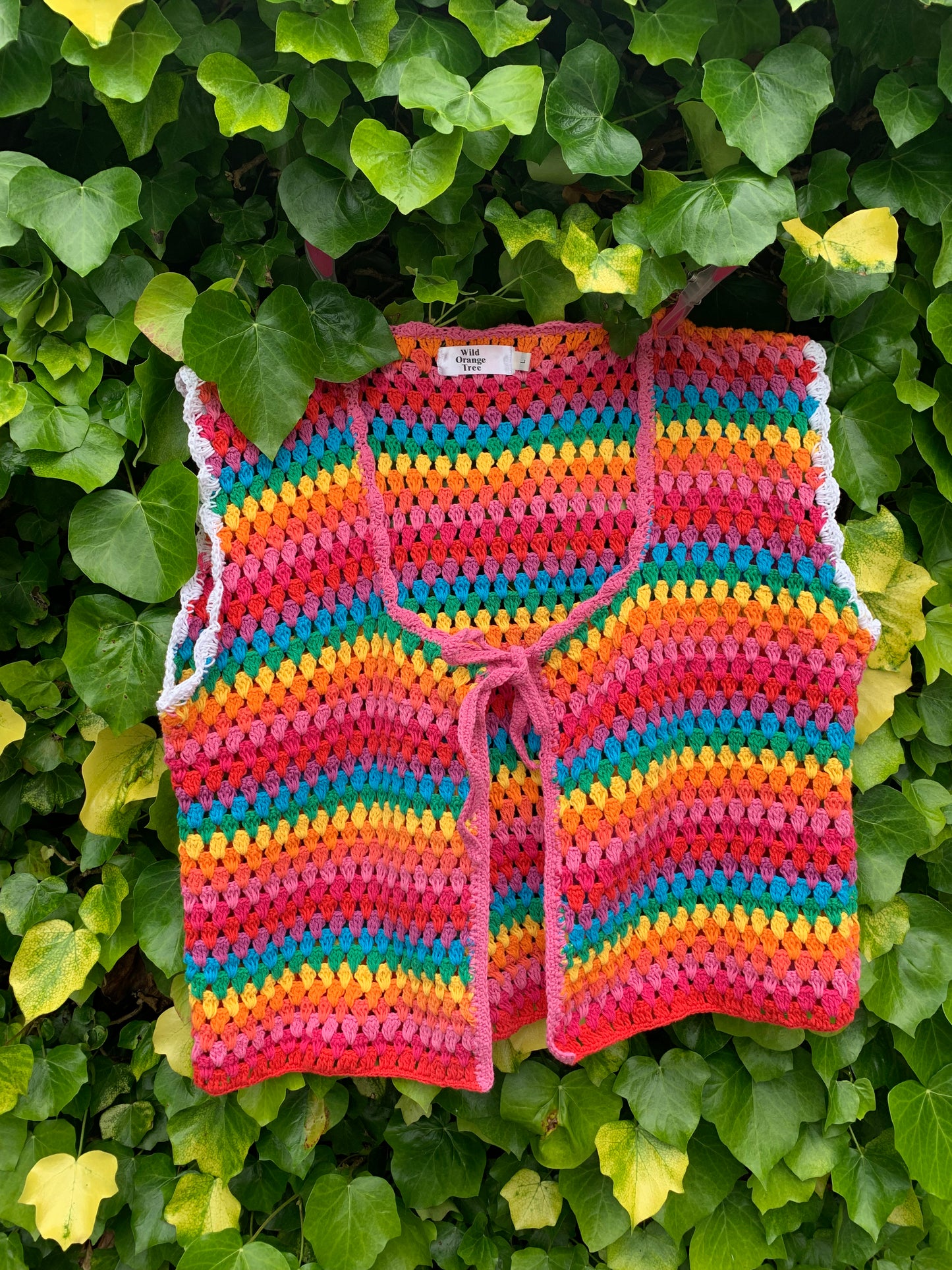 Rainbow Dreamer Crochet Vest with tassel tie