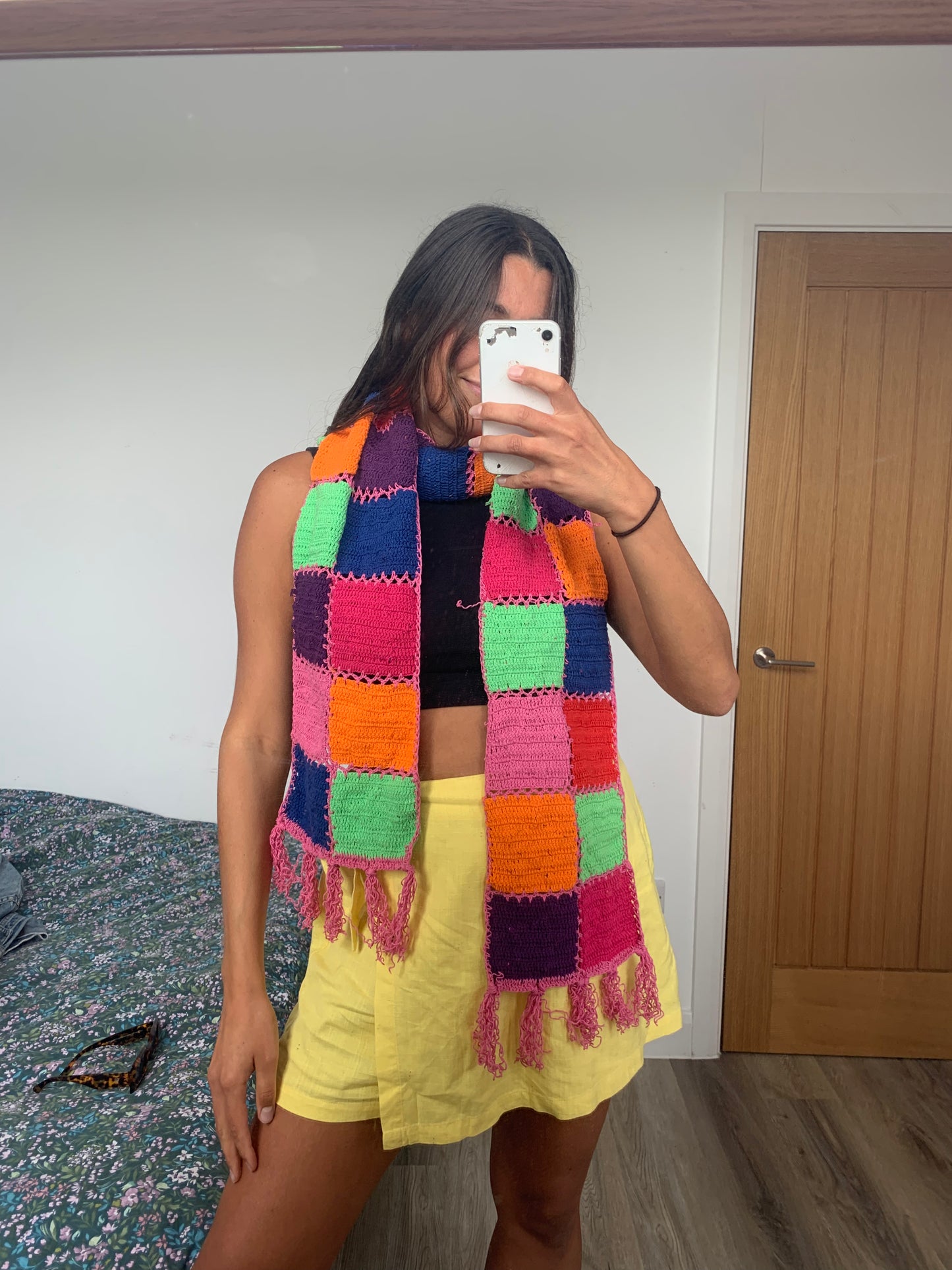 SAMPLE Reversible Stardust & Checkerboard multicoloured scarf with tassels