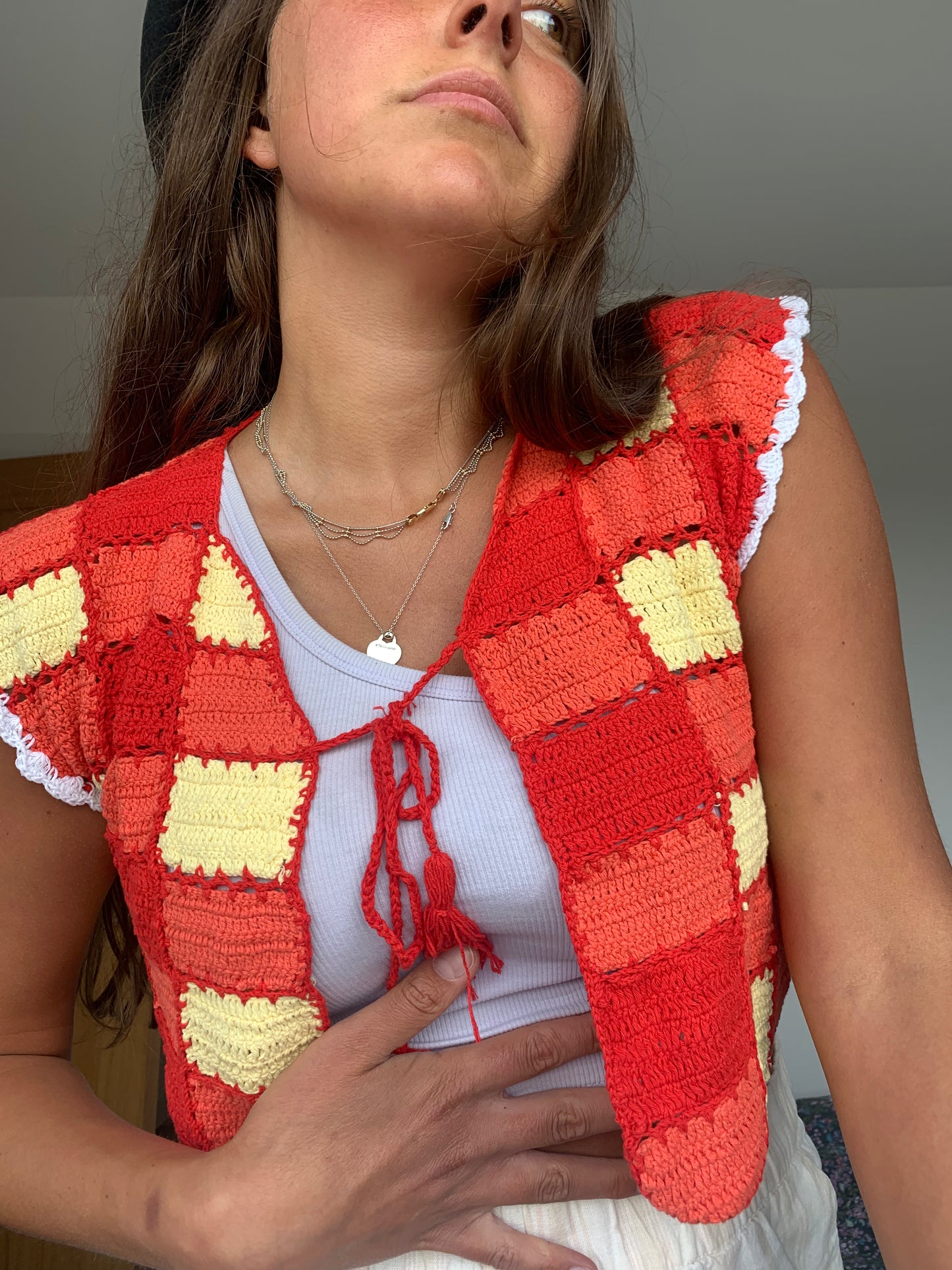 Gingham Scalloped Edge Vest with Tassel Tie