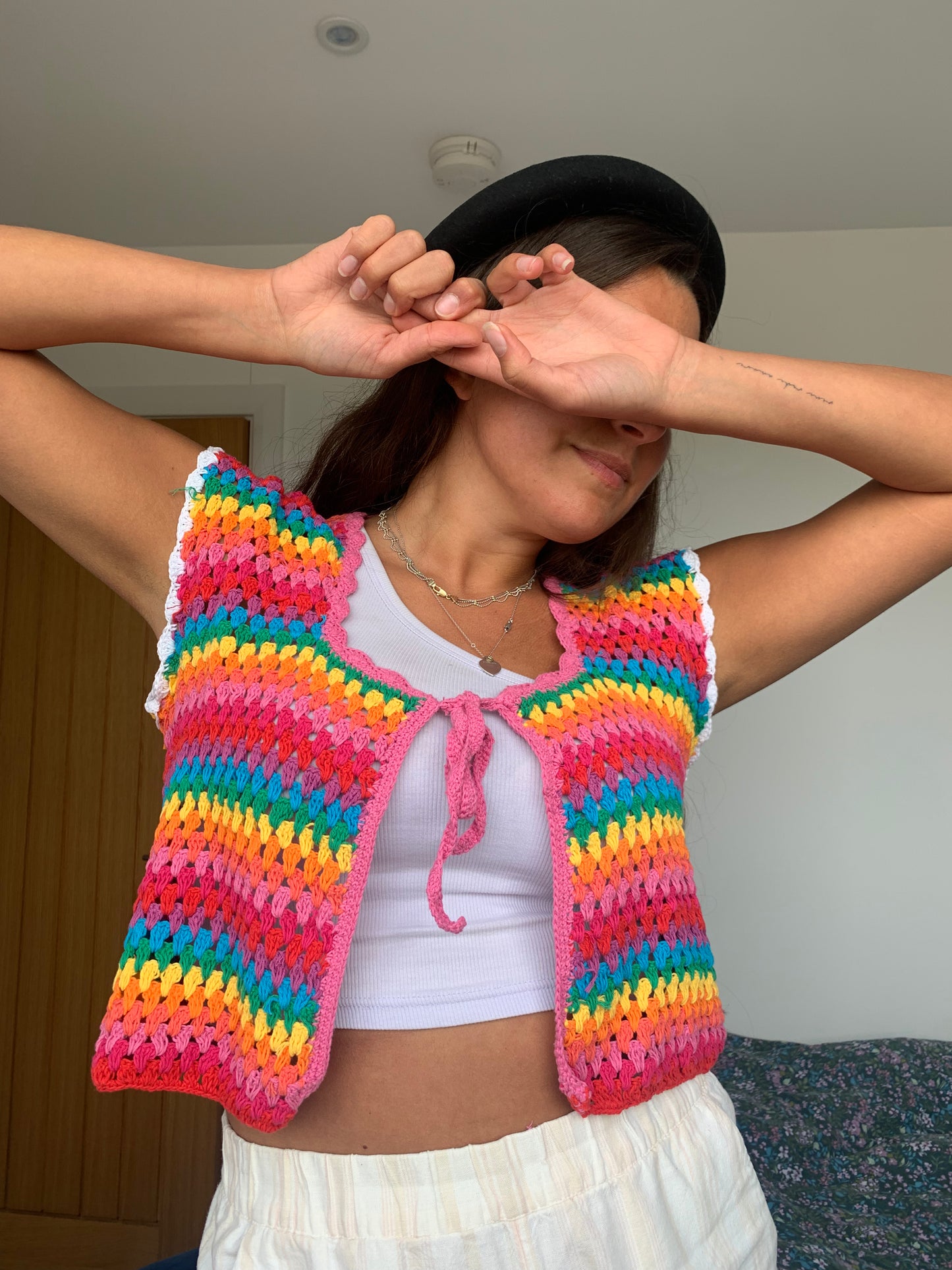 Rainbow Dreamer Crochet Vest with tassel tie