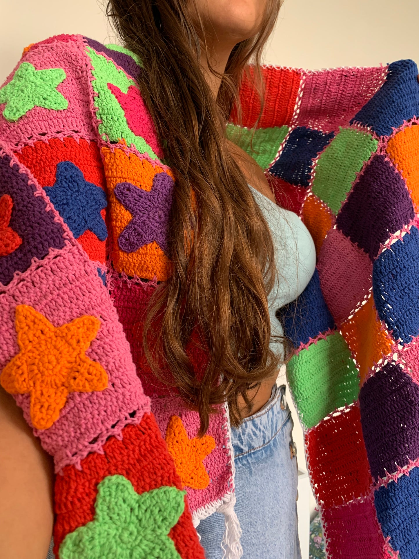 Reversible Stardust & Checkerboard multicoloured scarf with tassels