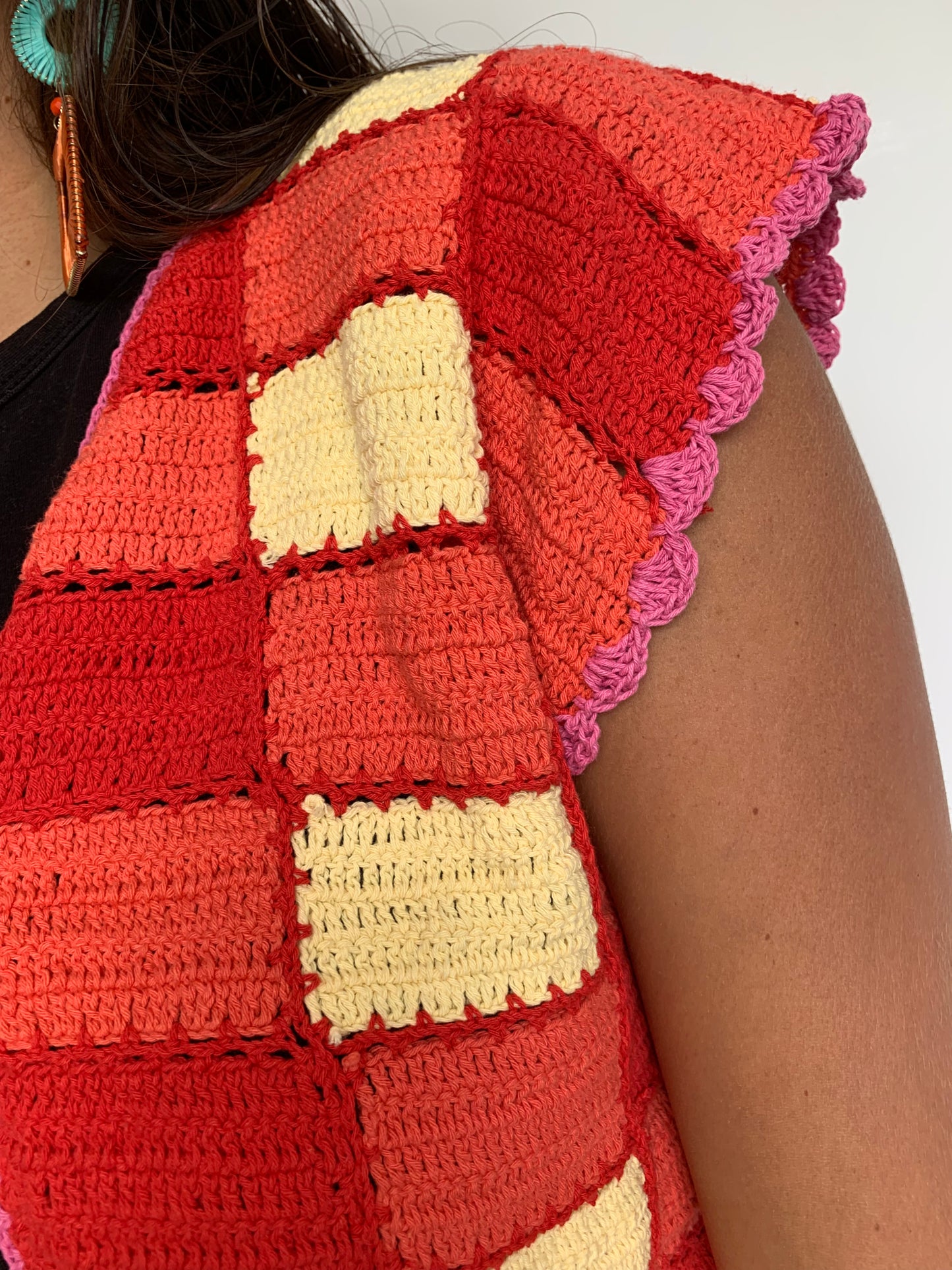 SAMPLE Gingham & Pink Scalloped Edge Vest with Tassel Tie