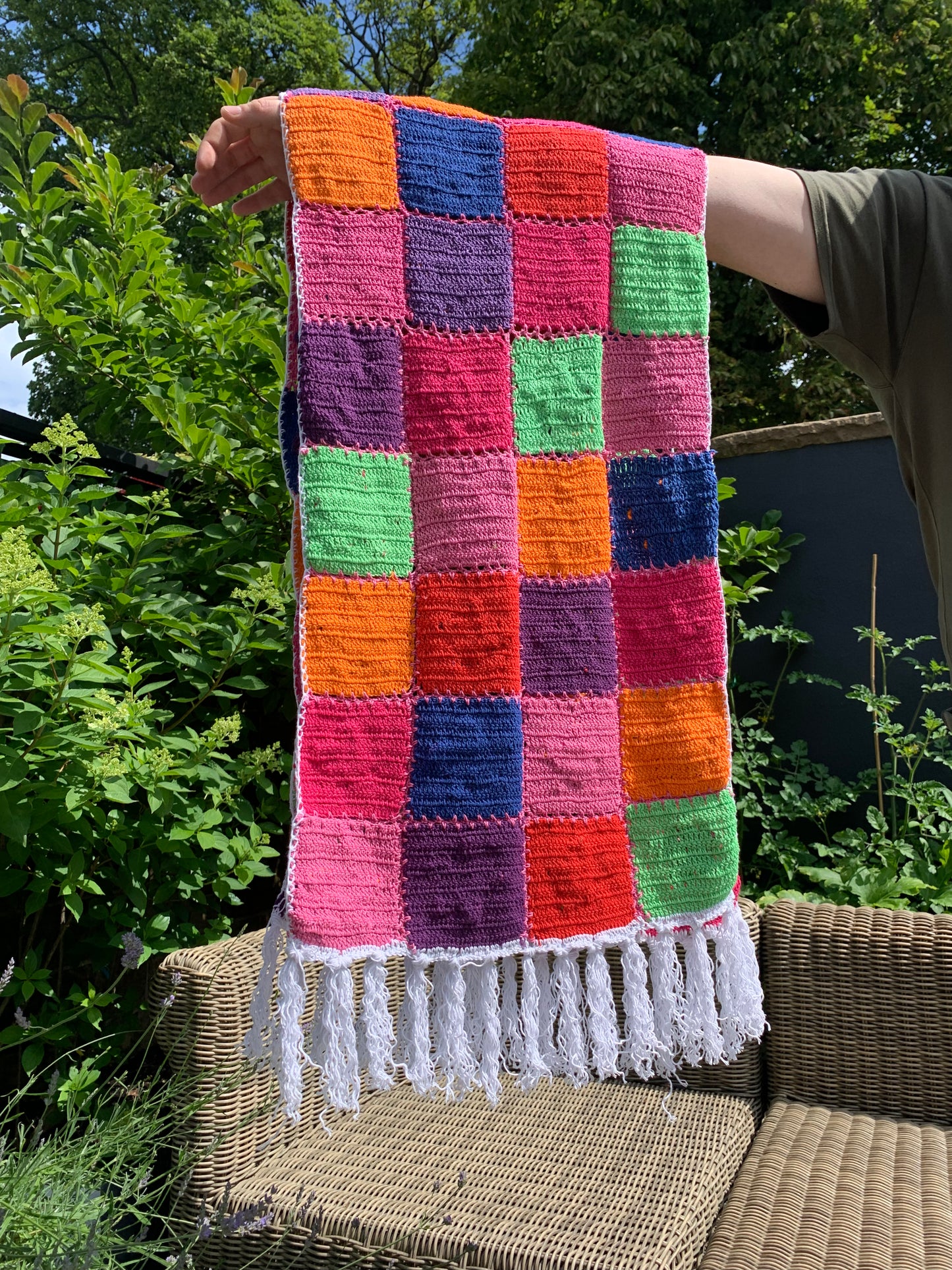 Reversible Stardust & Checkerboard multicoloured scarf with tassels