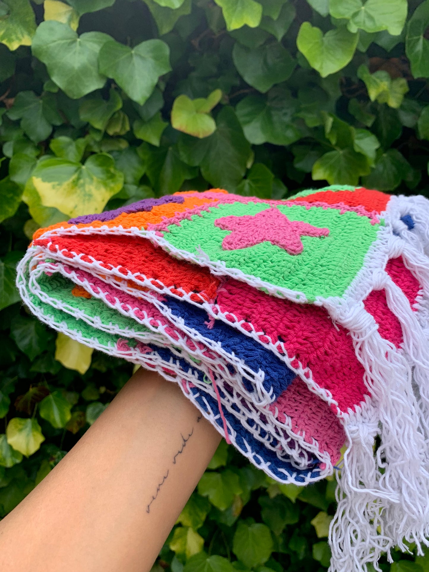 Reversible Stardust & Checkerboard multicoloured scarf with tassels