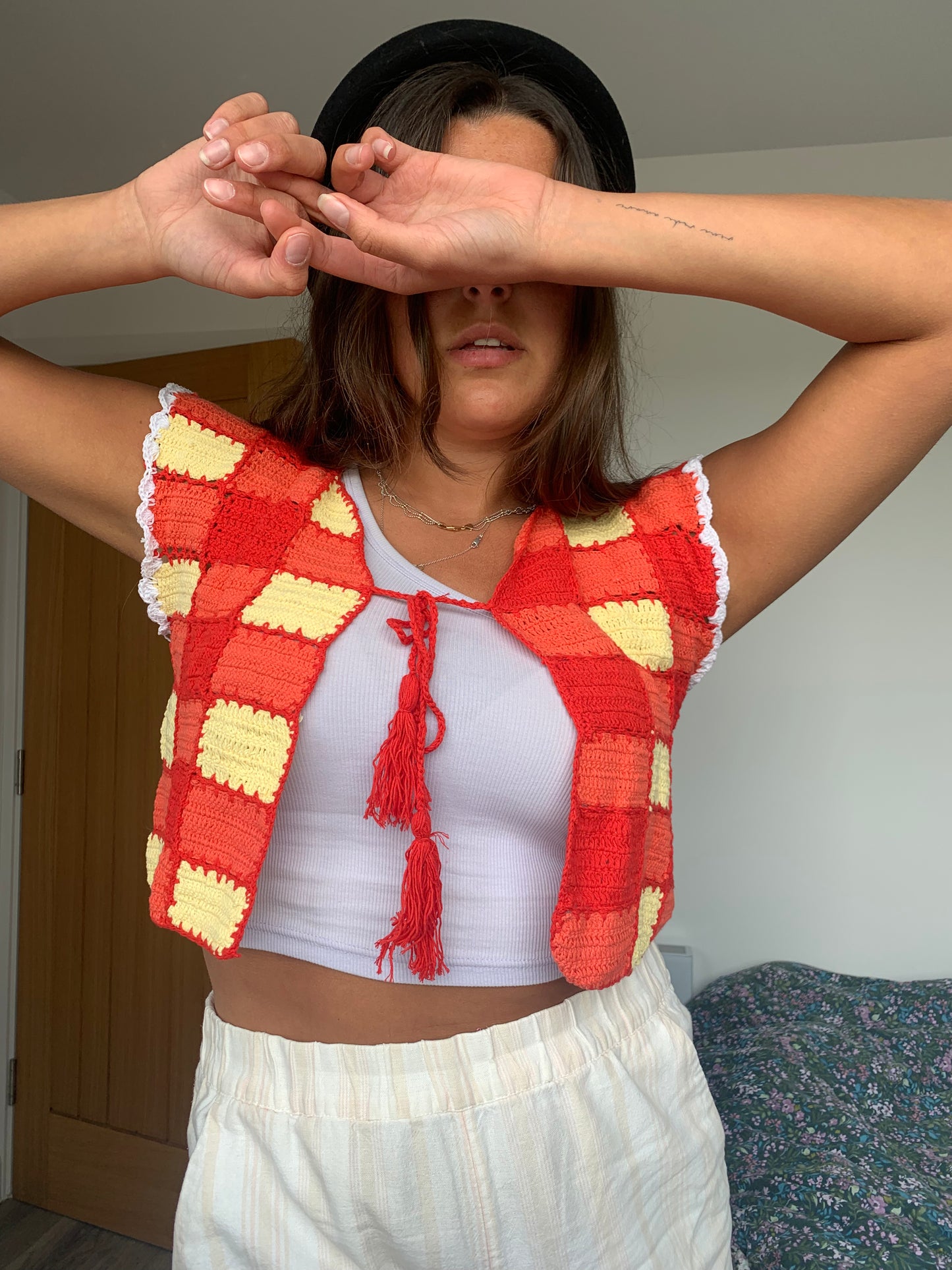 Gingham Scalloped Edge Vest with Tassel Tie
