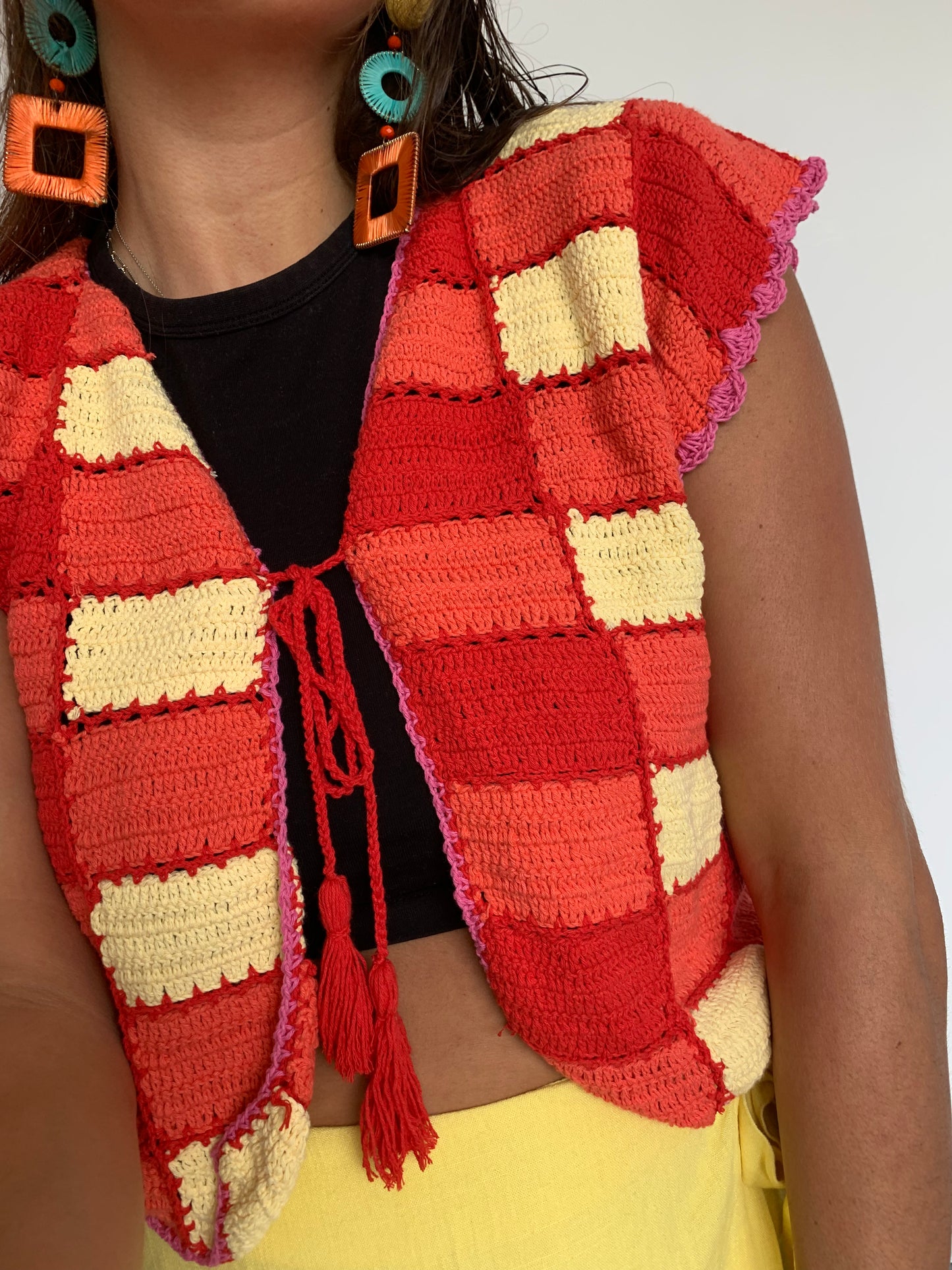 SAMPLE Gingham & Pink Scalloped Edge Vest with Tassel Tie