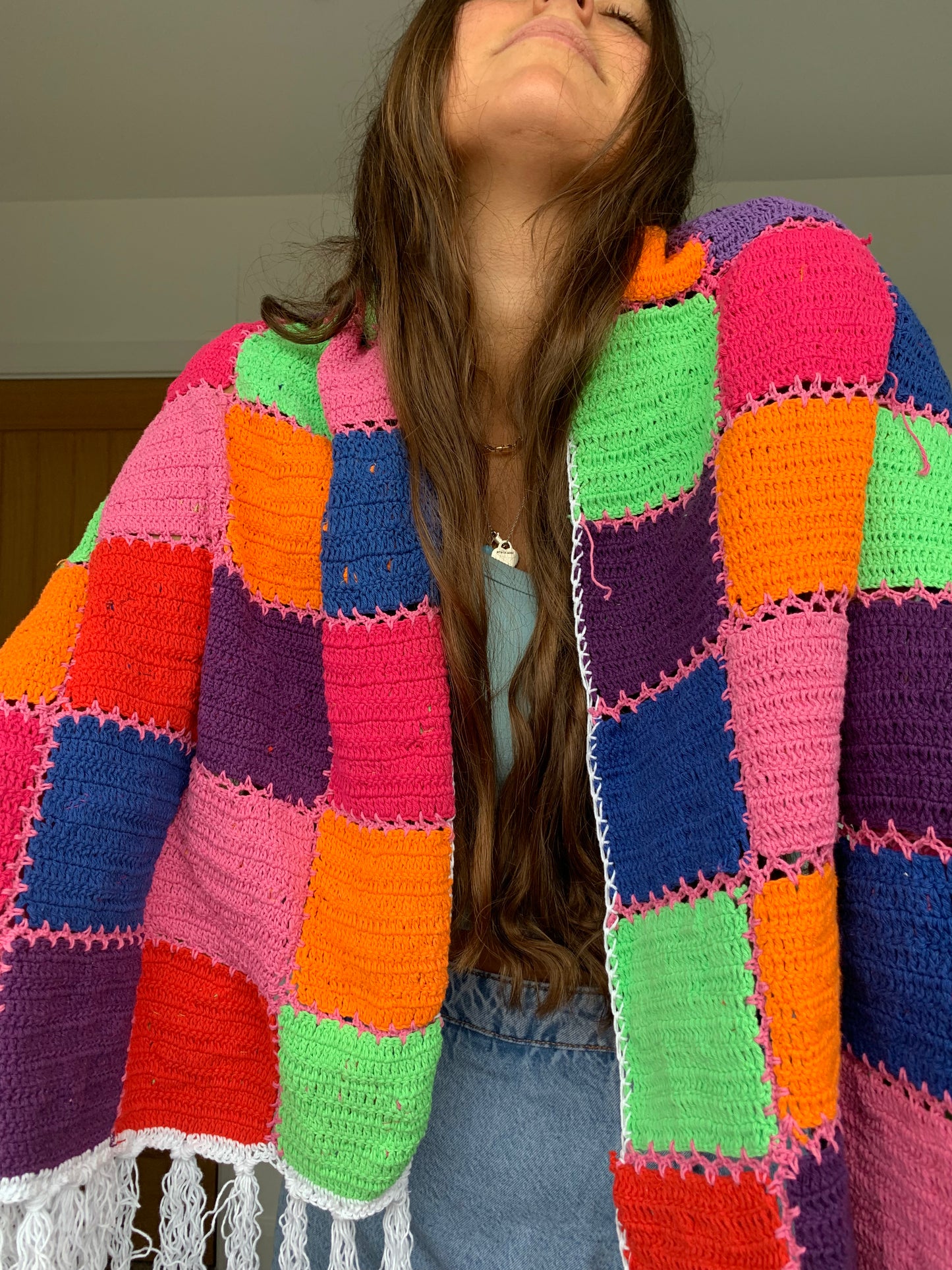 Reversible Stardust & Checkerboard multicoloured scarf with tassels