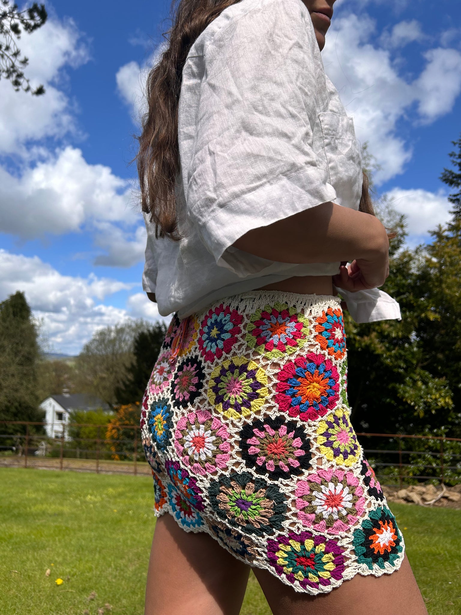 Mini Meadow White Floral Crochet Skirt