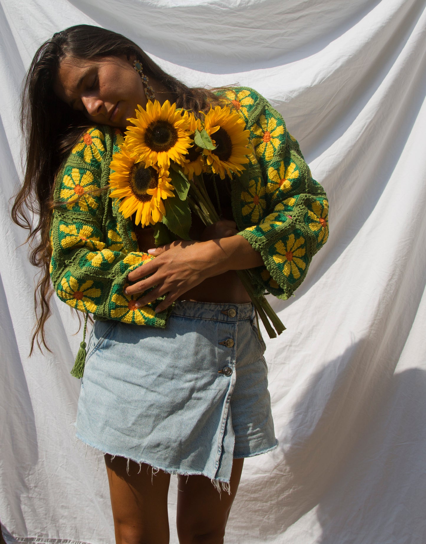 Retro Flower Power in Green Crochet Cardigan