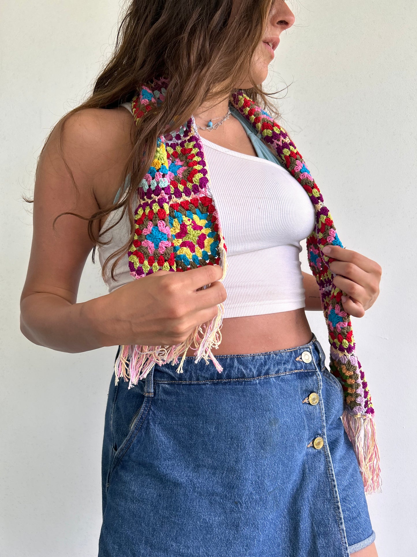 Granny Square crochet mini scarf with tassels