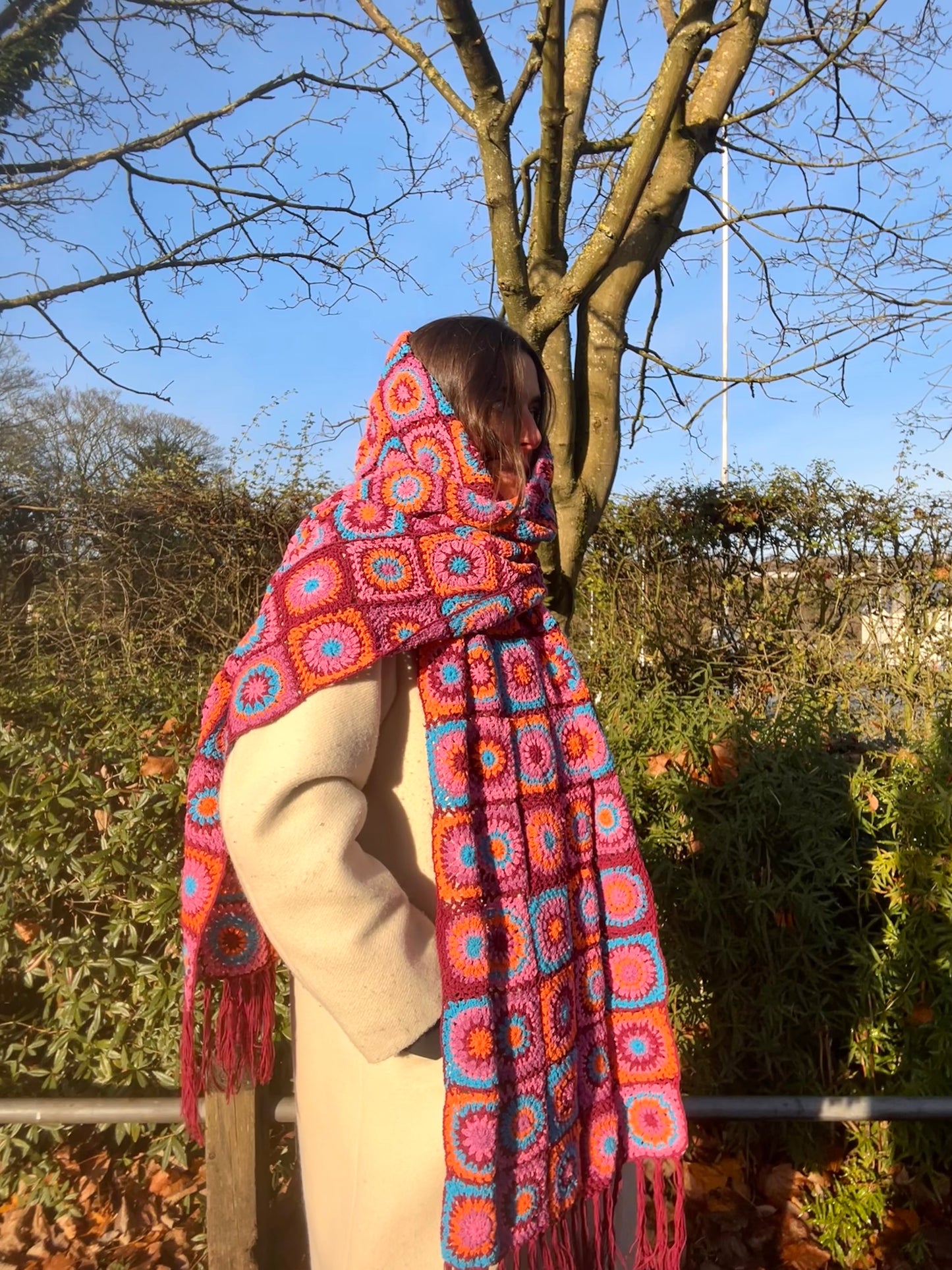 Cosmos Deep Purple Crochet Blanket Scarf with Tassels