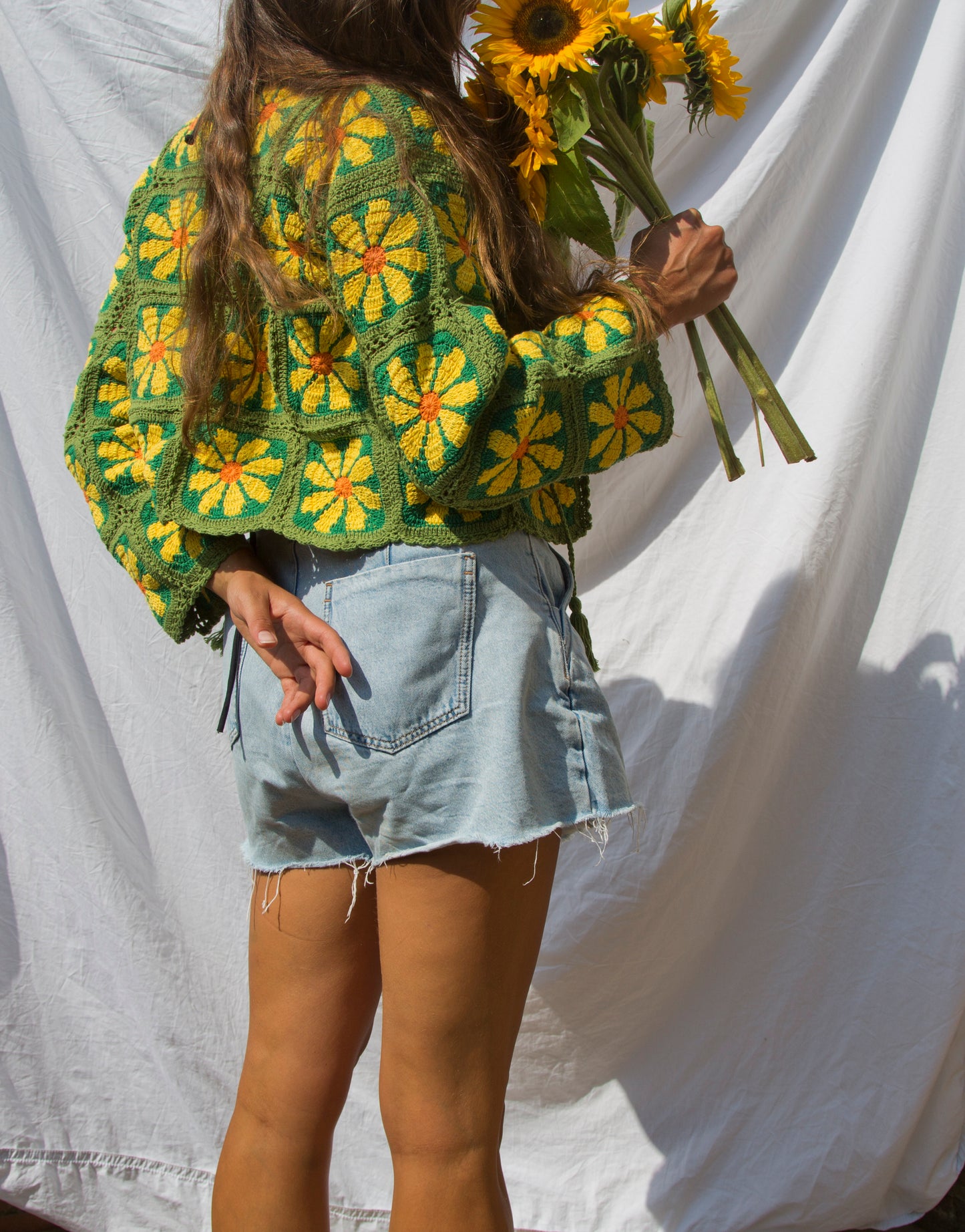 Retro Flower Power in Green Crochet Cardigan