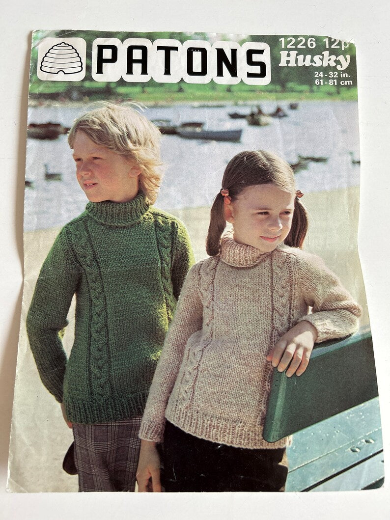 Digital Out-of-Print Patons Knitting Pattern 1226, kids roll neck cable knit jumper / sweater from 1975