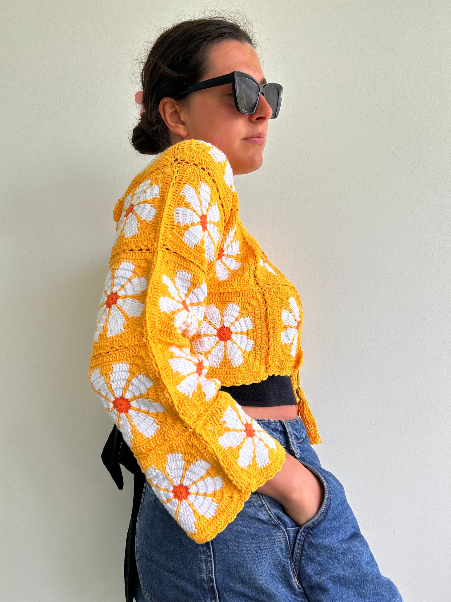 Flower Power 70’s inspired crochet cardigan with tassel tie