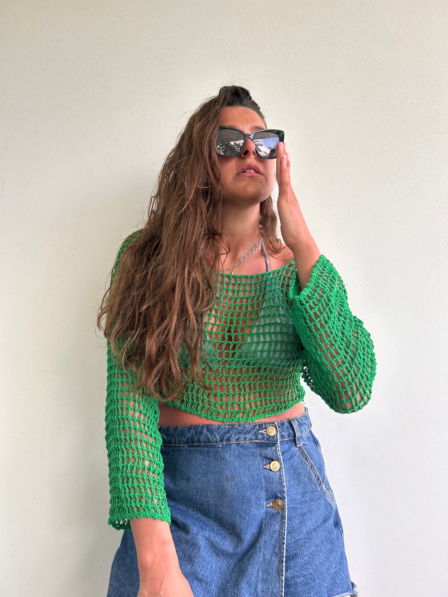 Mesh crochet green flare sleeve long sleeve top (M/L) – Wild