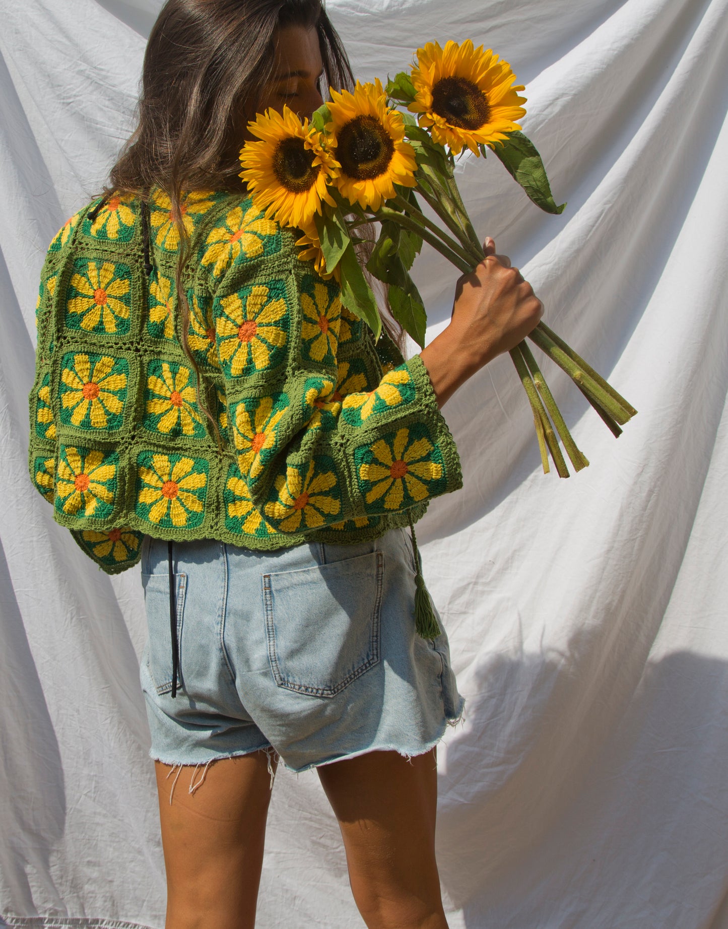 Retro Flower Power in Green Crochet Cardigan