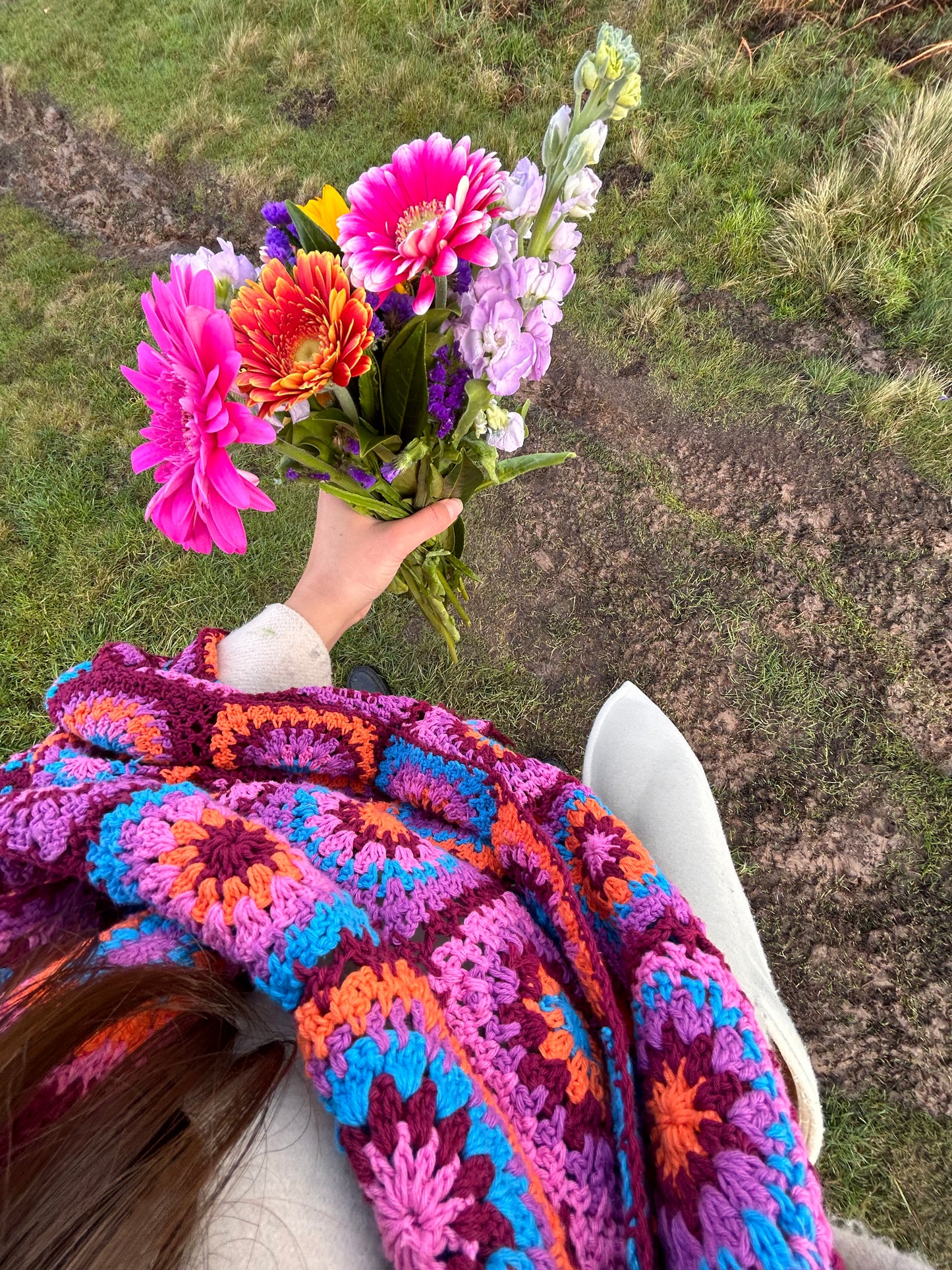 Cosmos Deep Purple Crochet Blanket Scarf with Tassels