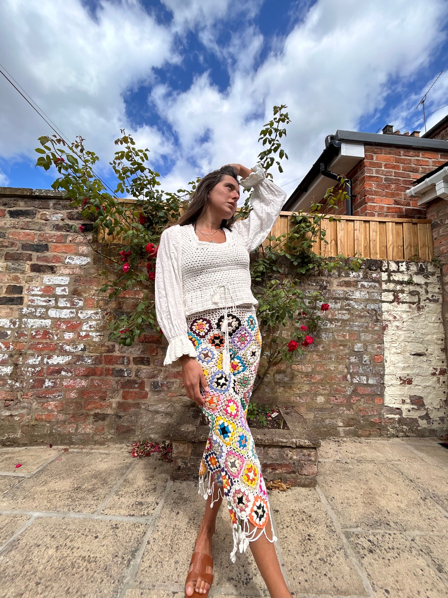White Granny square flare pom pom trousers with drawstring waist